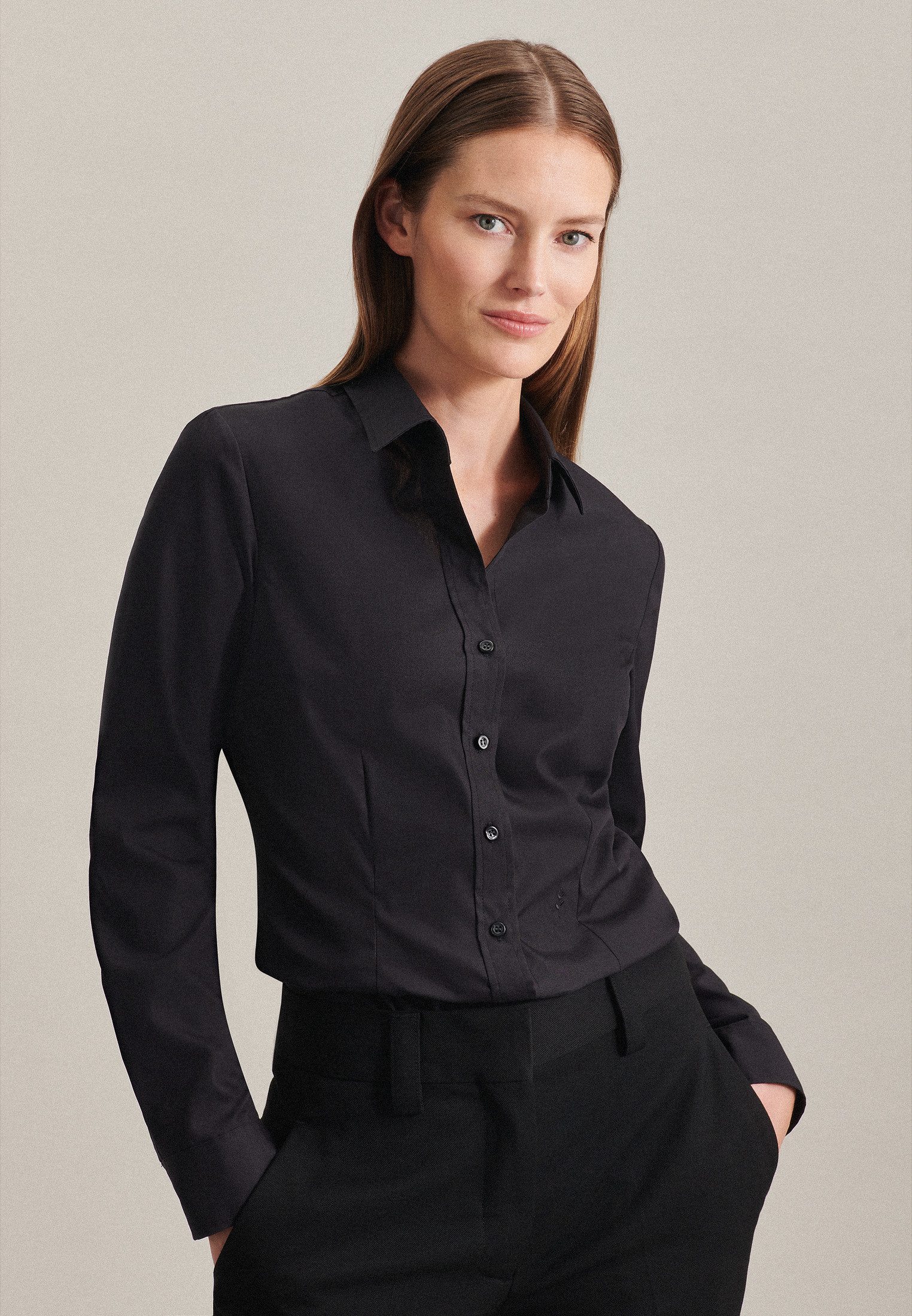 seidensticker Overhemdblouse Zwarte roos Lange mouwen kraag uni