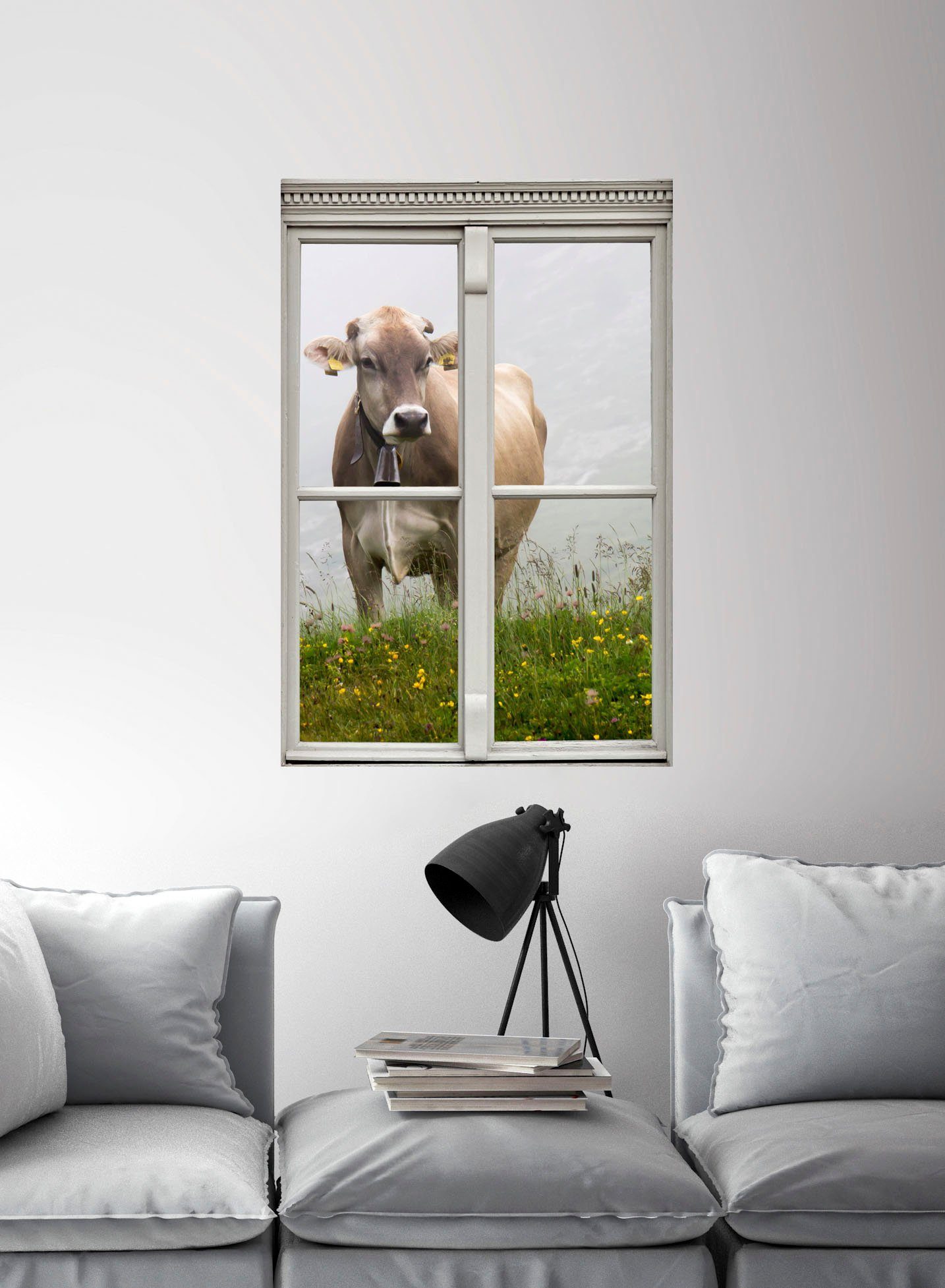 queence Wandfolie Koe Muursticker, muurdecoratie, zelfklevend, 3D, raam