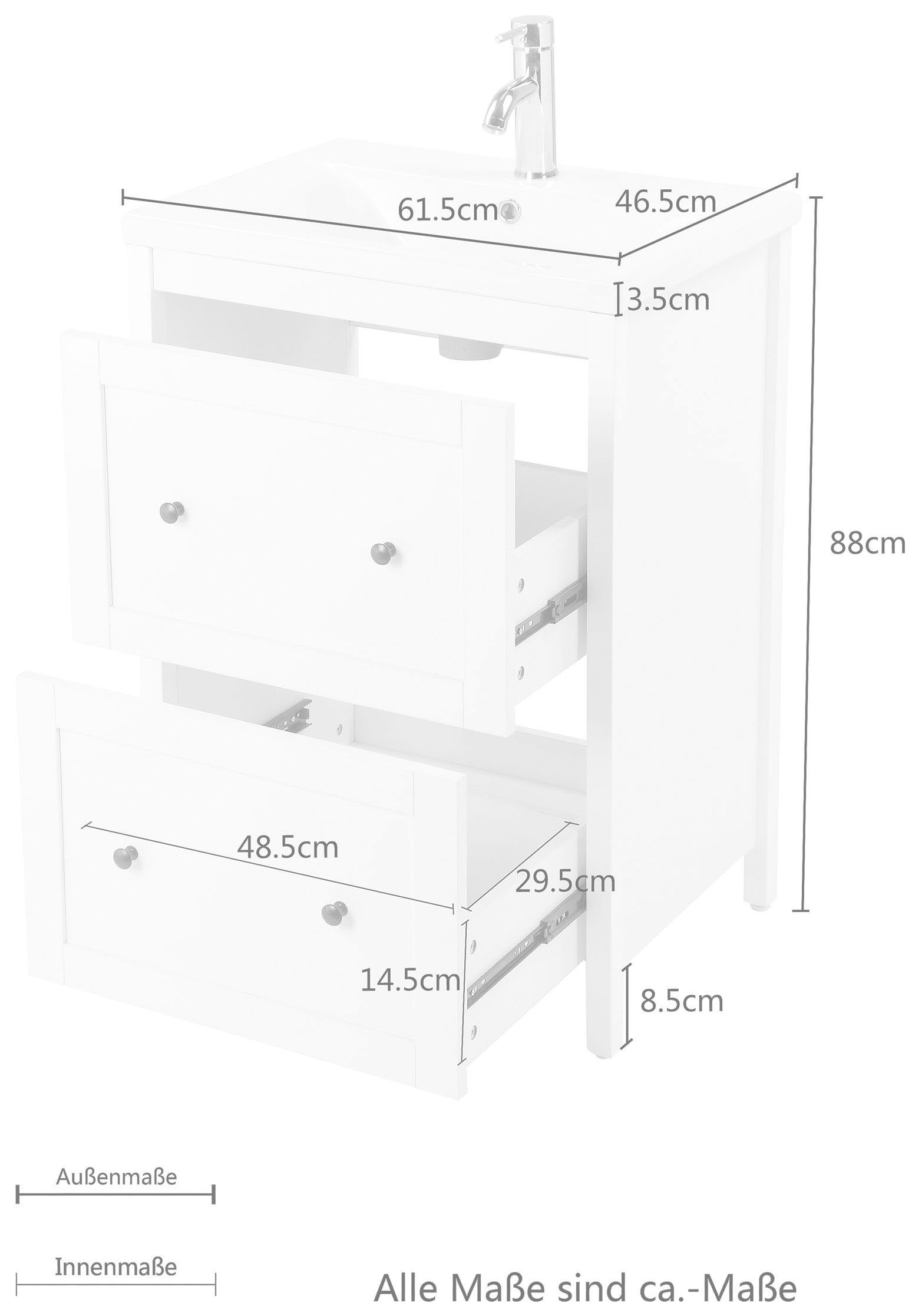welltime Wastafelonderkast Aalborg wastafelmeubel Badkamermeubel met wastafel Badkamermeubel incl. keramische wastafel, breedte 60 cm met laden