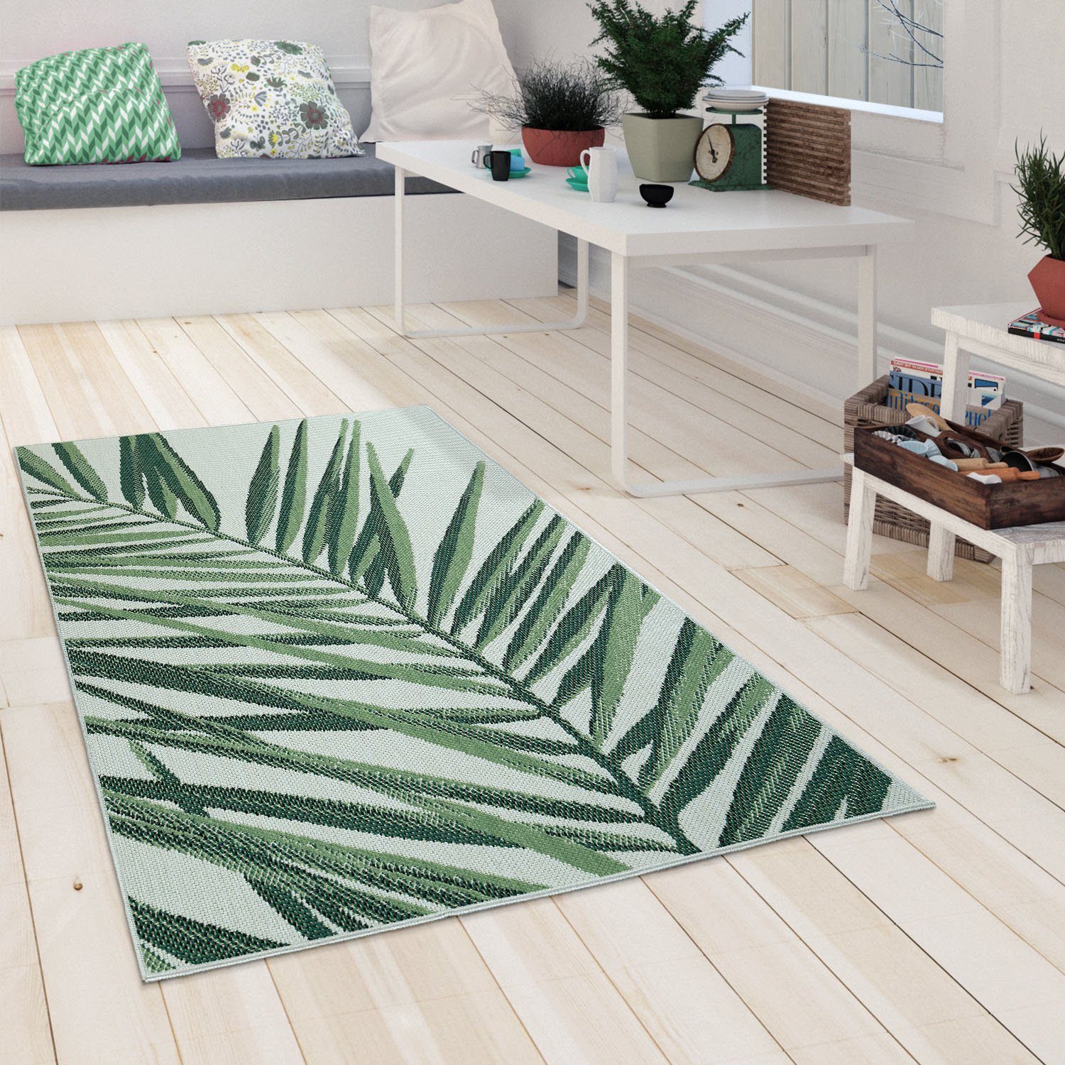 Paco Home Vloerkleed Ostende 537 Platweefsel, motief palmbladeren, geschikt voor binnen en buiten, woonkamer