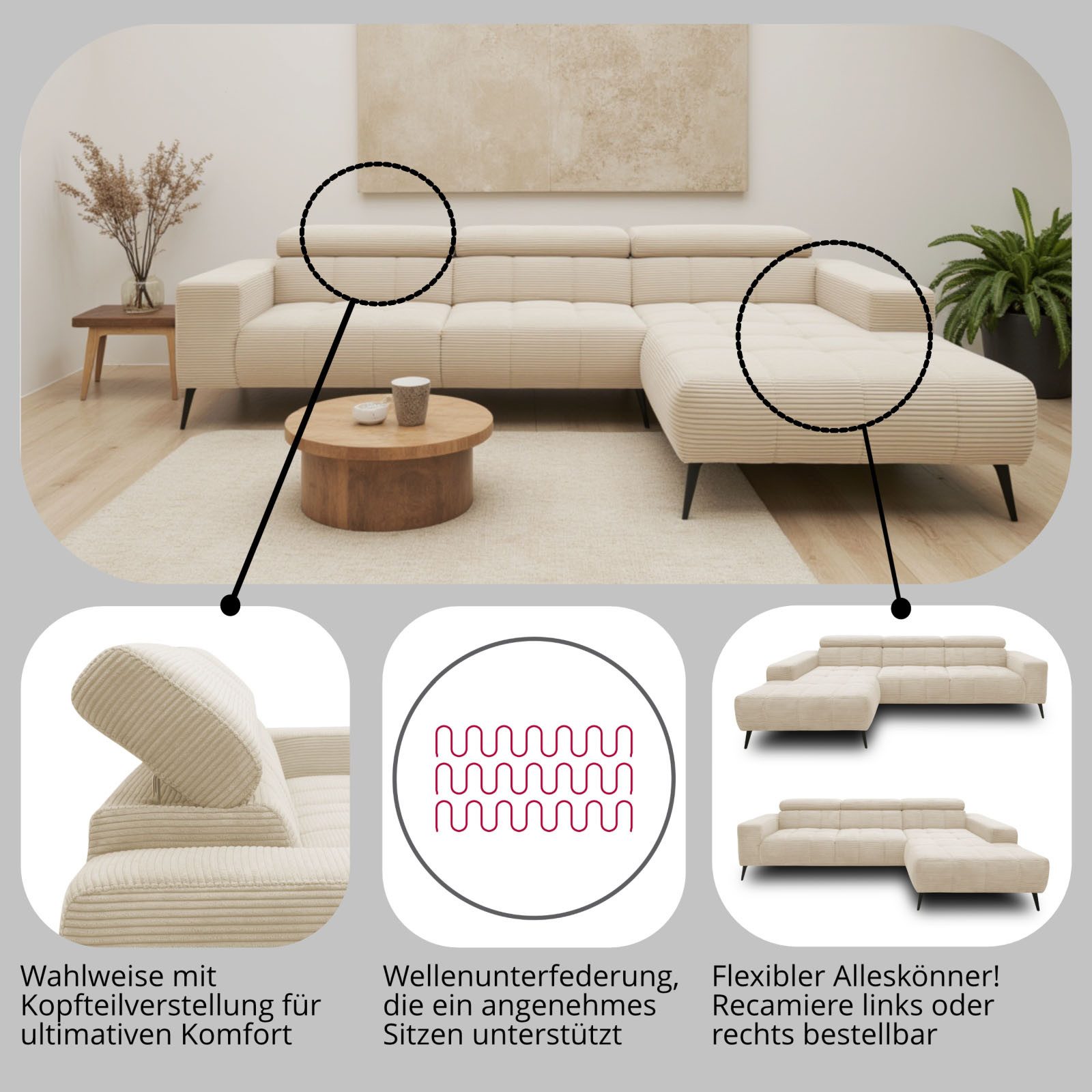 DOMO collection Hoekbank Trento L-vorm, met sledevoet of enkele voet naar keuze met verstelbare hoofdsteun, récamier links/rechts bestelbaar