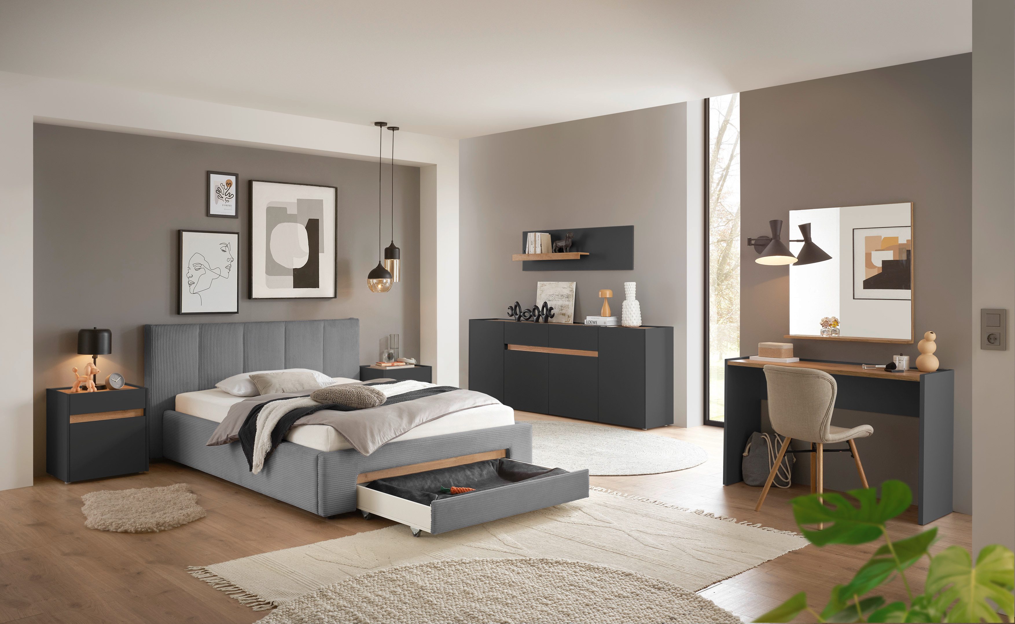 INOSIGN Gestoffeerd bed CiTY/GiRON, bedframe met bedlade, gestoffeerd opbergbed met hondenbed of opberglade, bekleding van corduroy of linnenlook