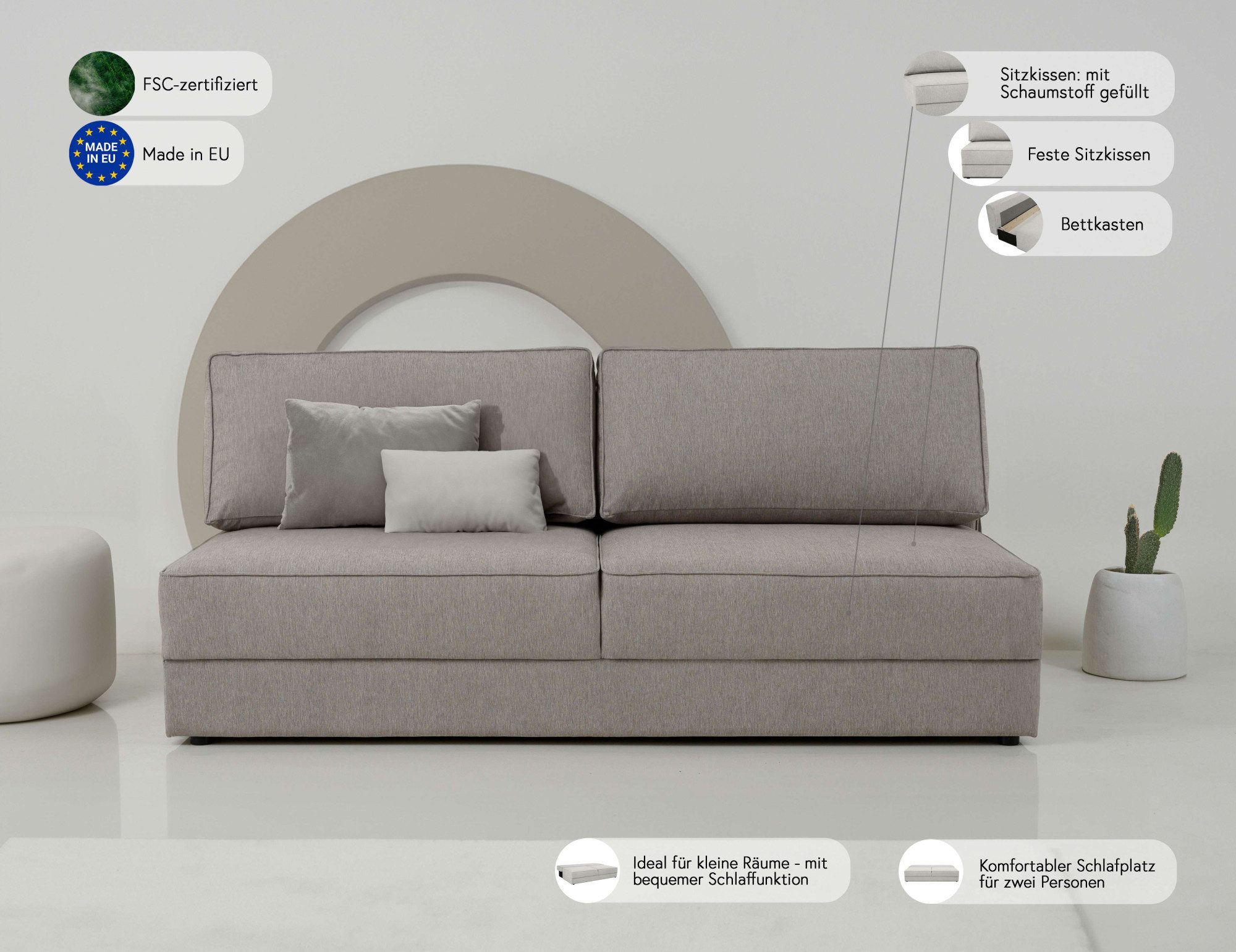 INOSIGN Slaapbank Simonton 3-zits, Breedte 202 cm Ligoppervlak 202x146 cm, incl. bedlade, zachte structuurstof