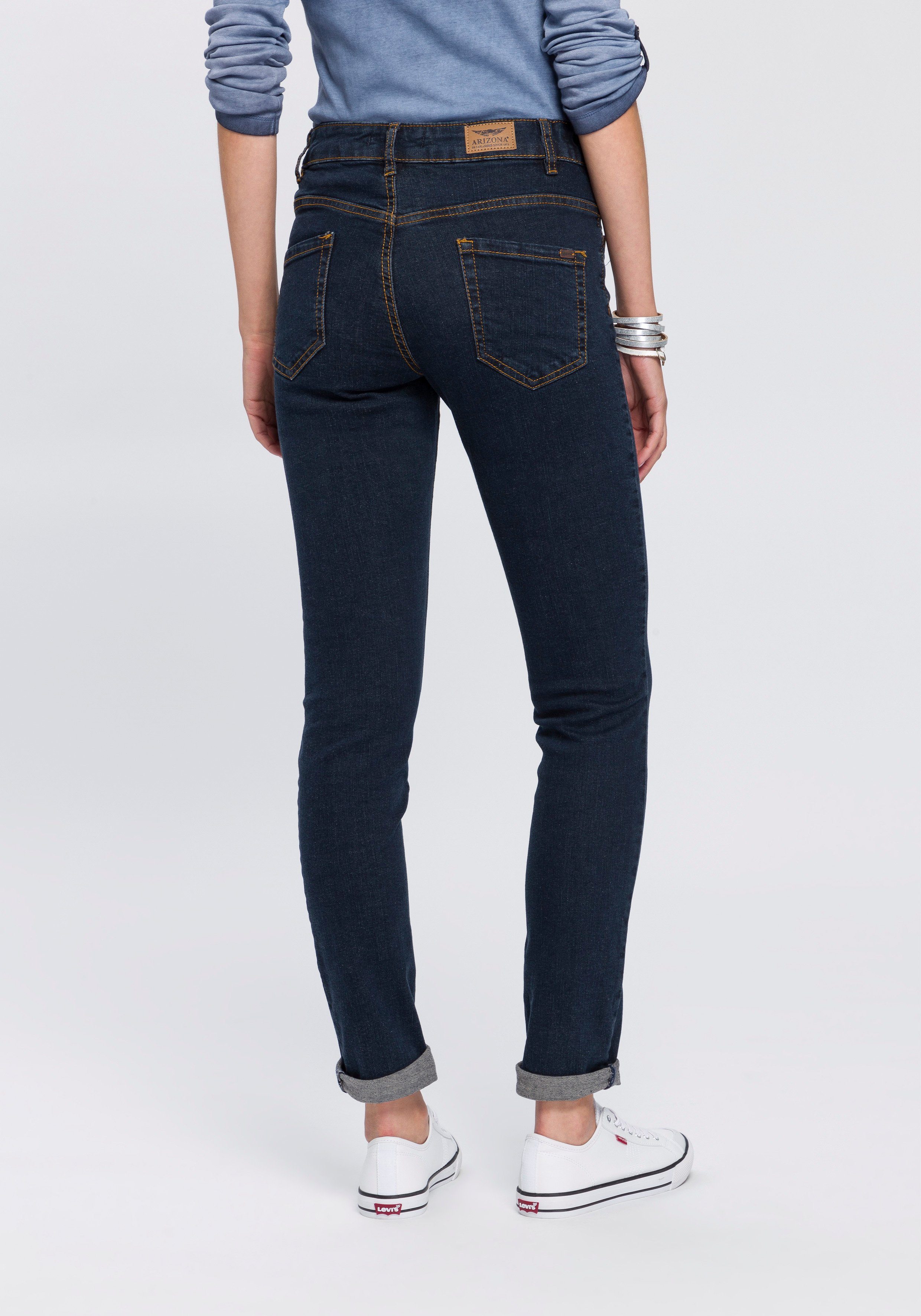 Arizona Slim fit jeans Tailleband met zij-elastiek inzet smalle pasvorm, skinny jeans, used-wassing, hoge taille