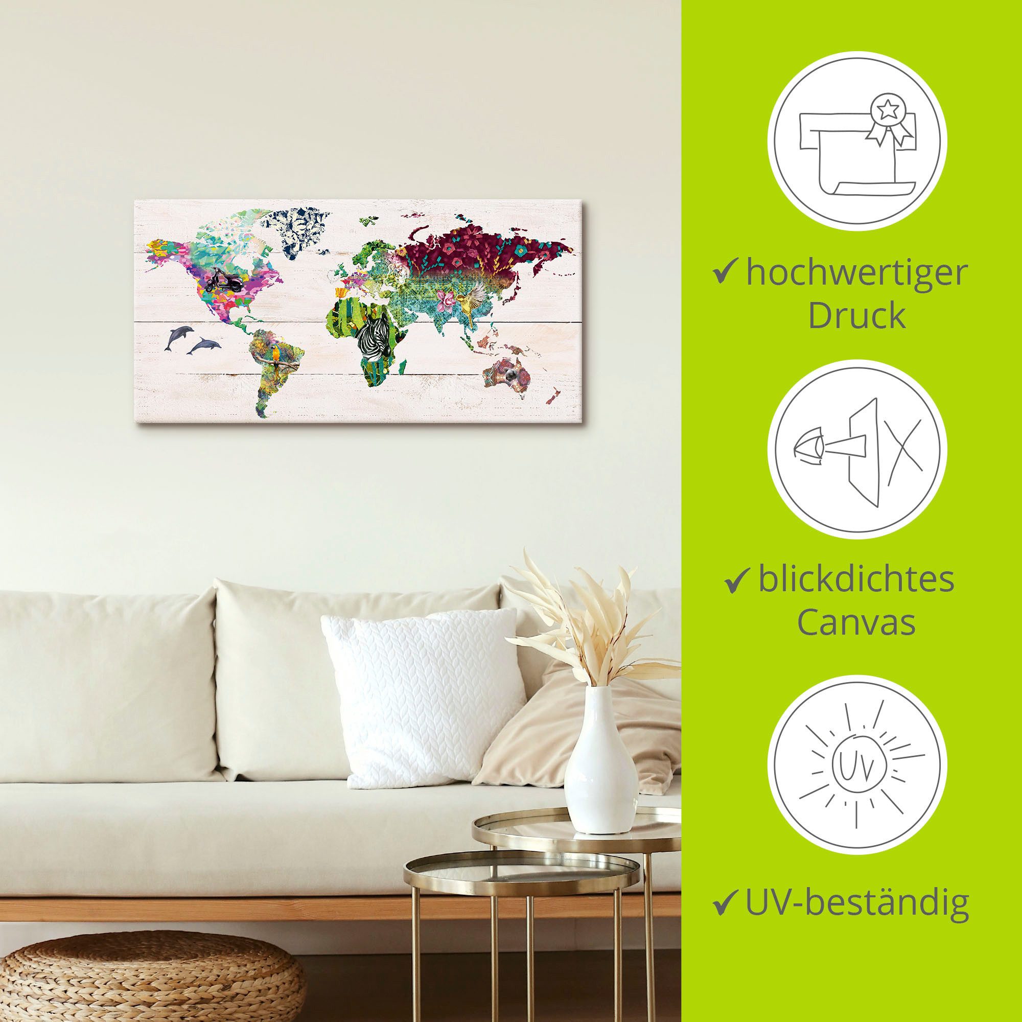 Artland Artprint Veelkleurige wereld op houten ondergrond als artprint op linnen, poster in verschillende formaten maten