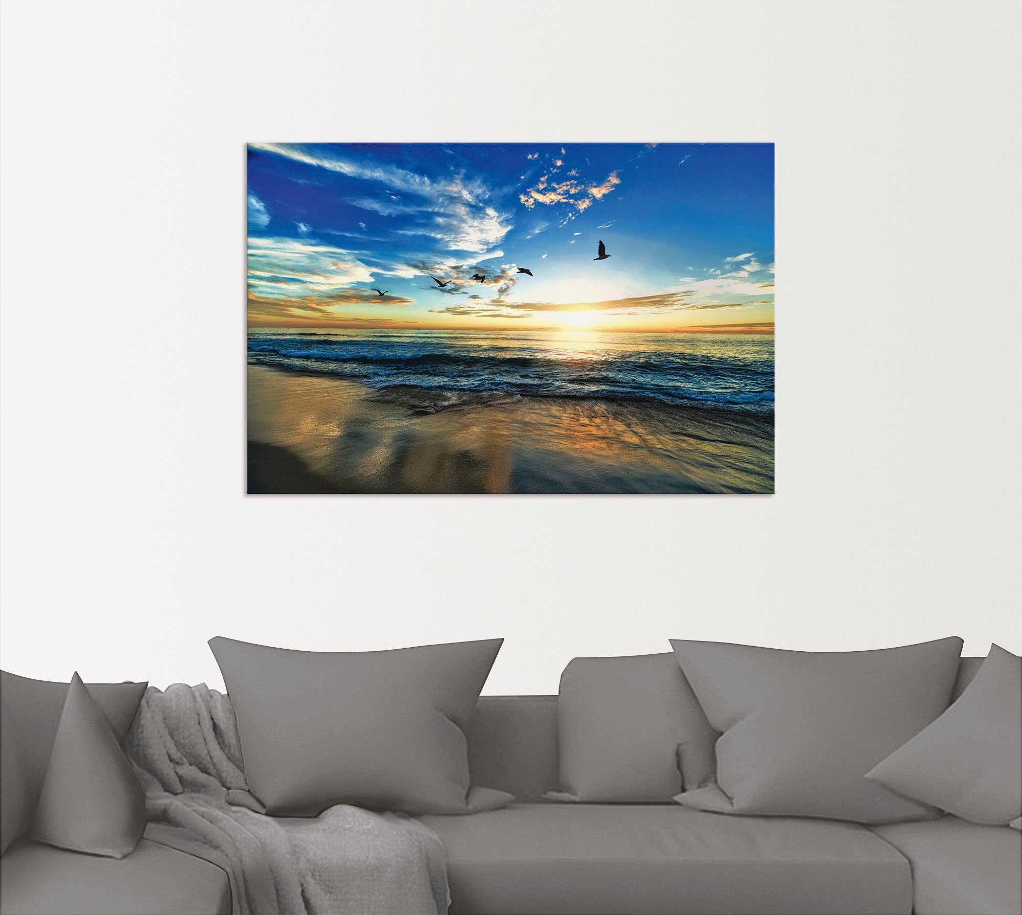 Artland Artprint Strand meeuwen zee zonsondergang als artprint van aluminium, artprint voor buiten, artprint op linnen, poster, muursticker