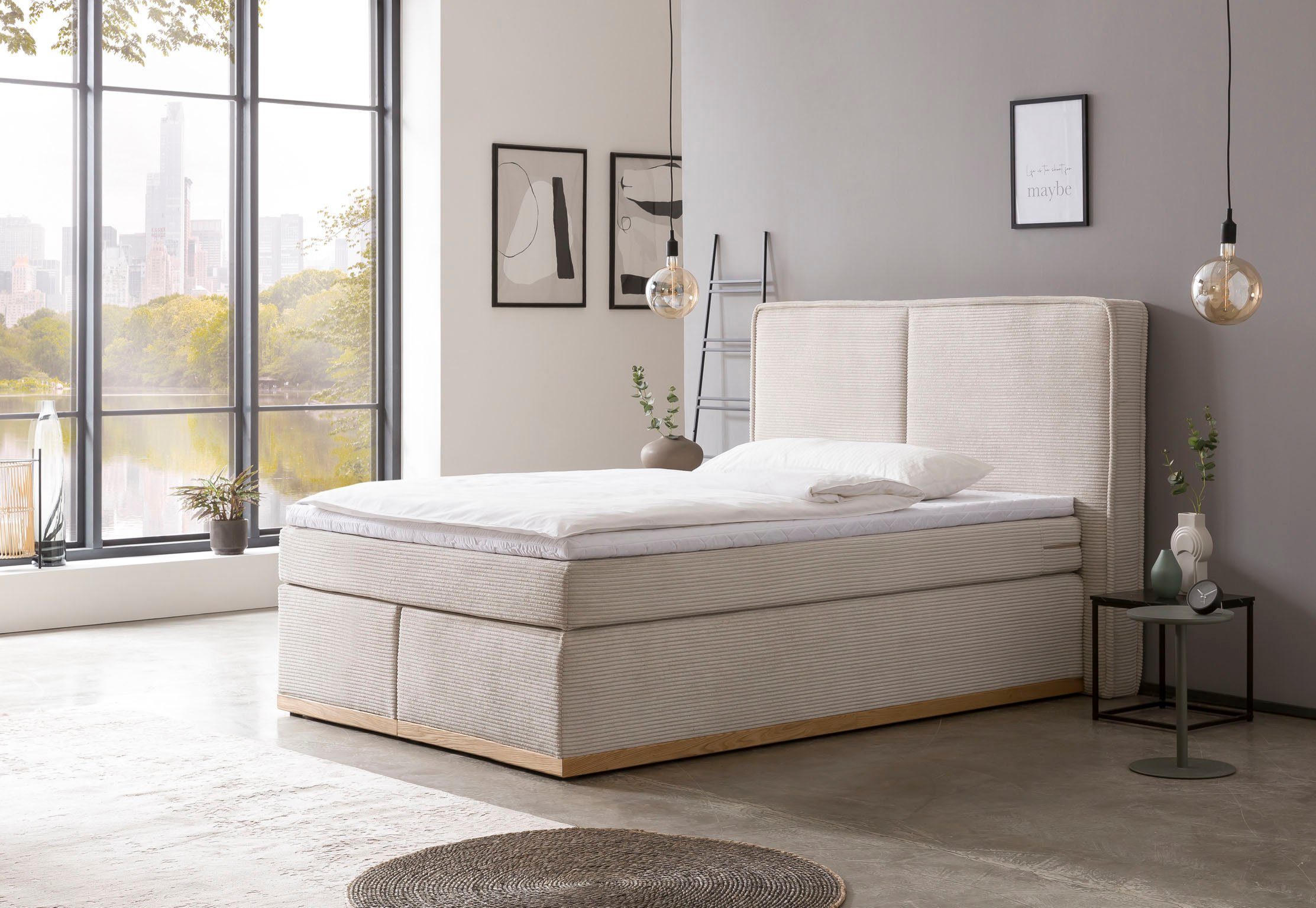 Home affaire Boxspring SHERWOOD Cord Hotelbett, Polsterbett Premiumbett Boxbett Hoogwaardig cord ,zachte velours-structuur, met topmatras, eiken