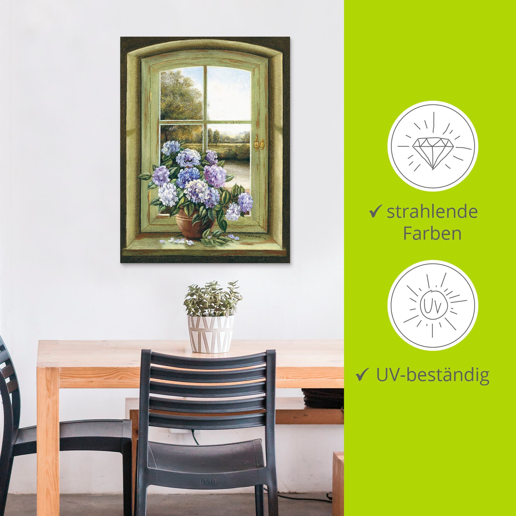 Artland Artprint Hortensia's bij het raam als artprint van aluminium, artprint voor buiten, artprint op linnen, poster, muursticker