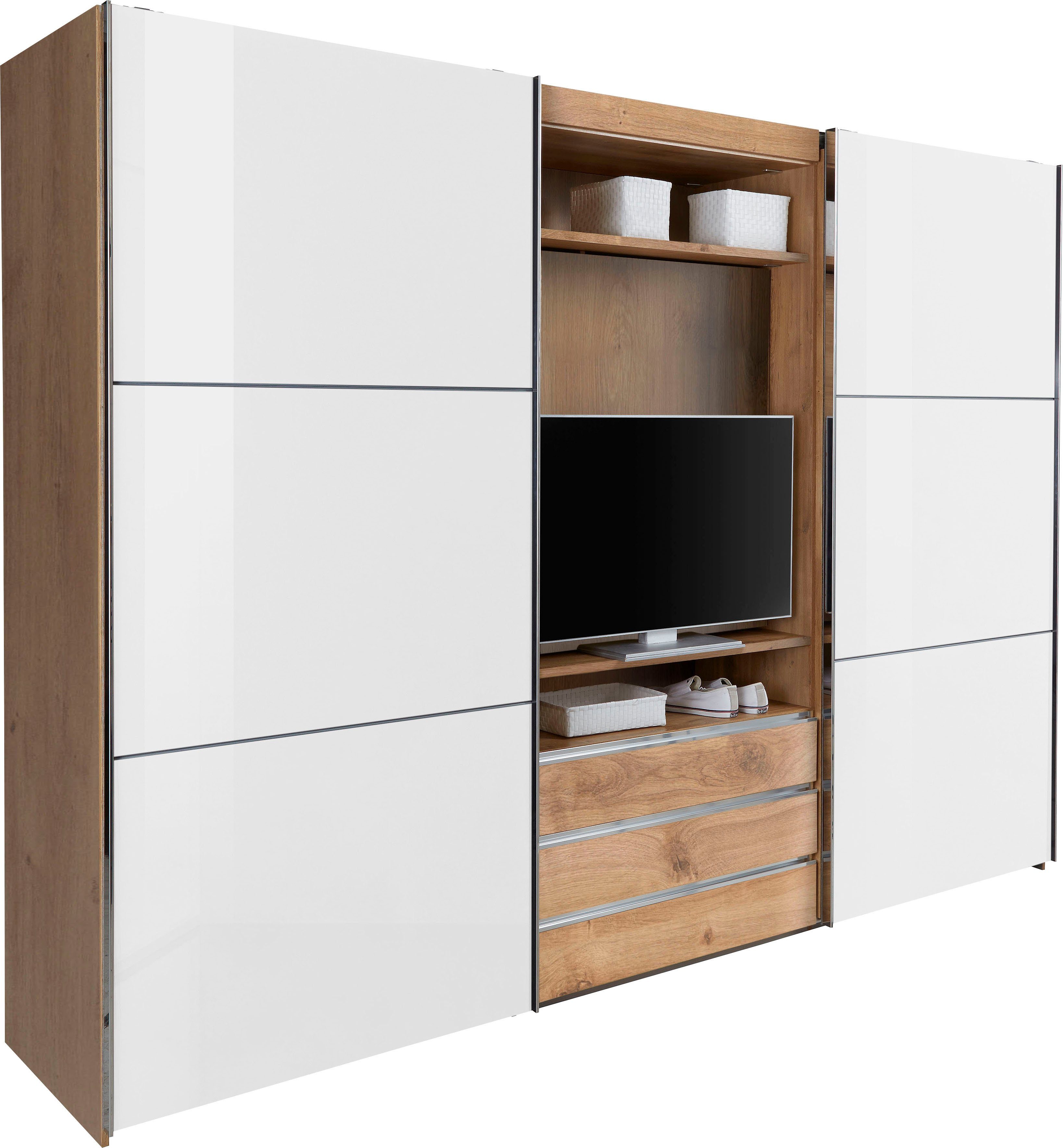 Wimex Zweefdeurkast Magic by fresh to go mooie extra: met draaibaar tv-element, fronten van glas zweefdeurkasten maat 300 cm x 236 cm x 65 cm beige