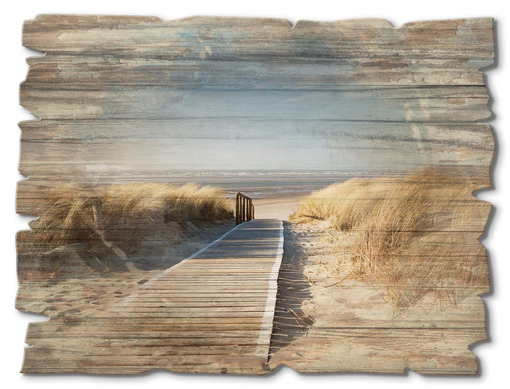 Artland Artprint op hout Noordzeestrand op Langeoog - pier artprint op hout beige