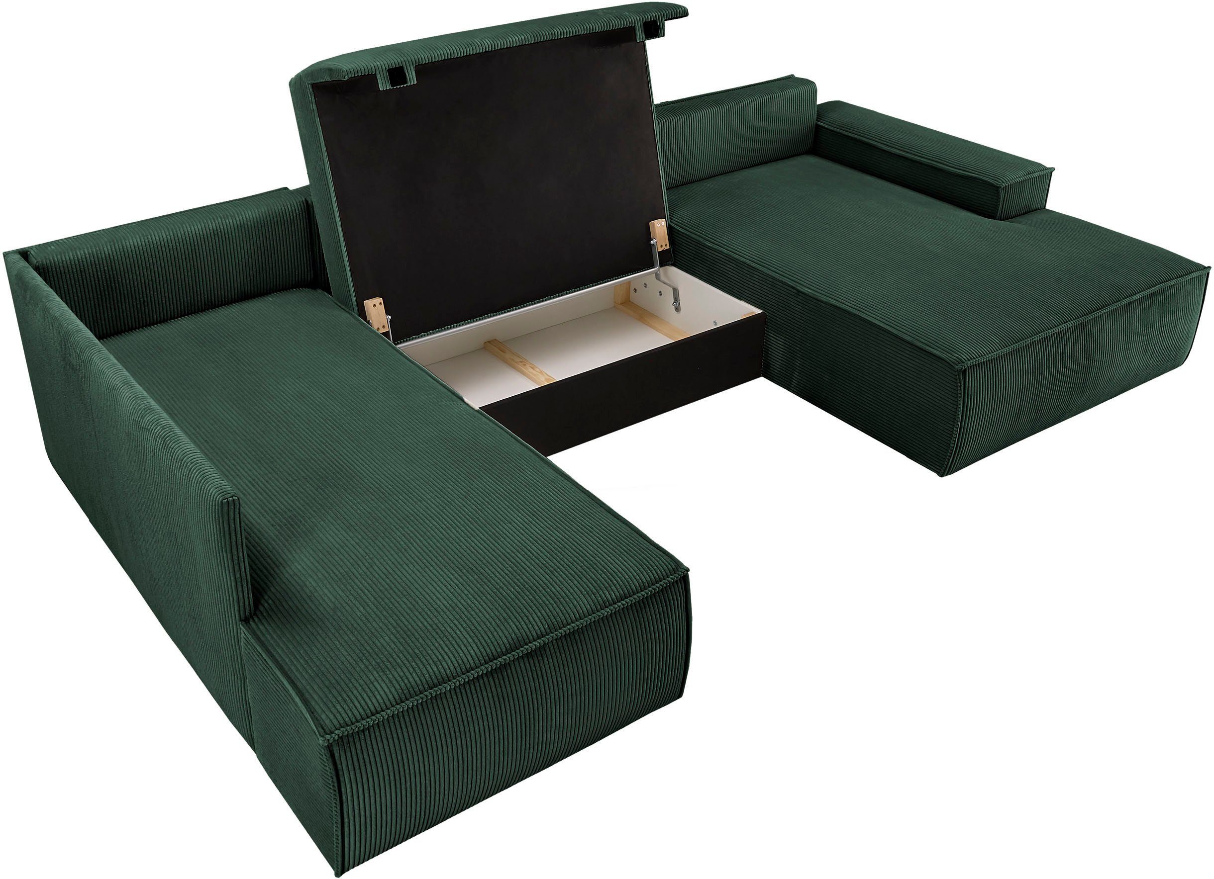 Home affaire Zithoek SHERWOOD 329 cm, U-vorm, slaapbank, Slaapfunctie met bedkist (194x139 cm), cord, vintage, fluweel