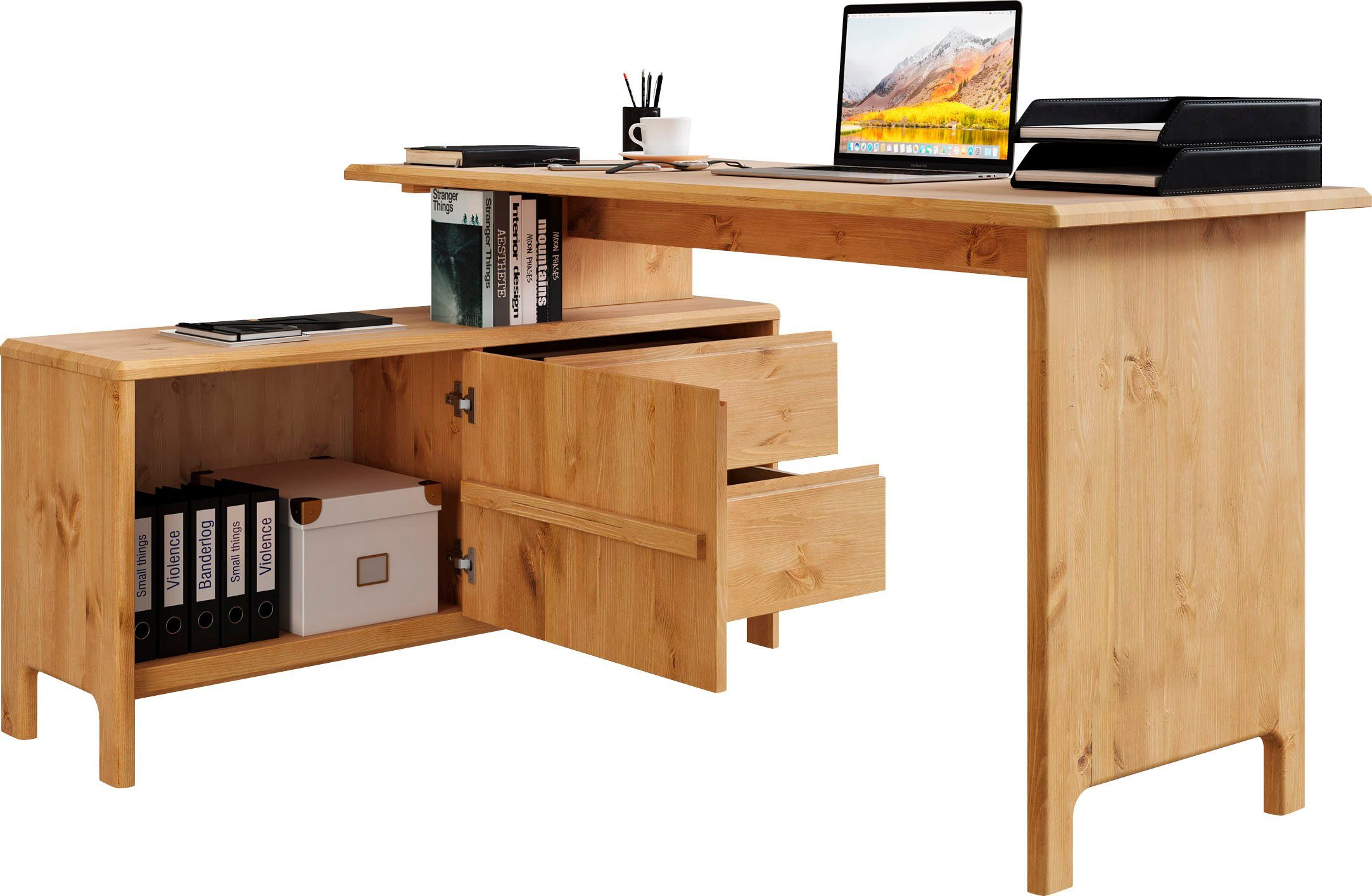Home affaire Bureau Luven, van massief hout in 2 breedtes, variabel gebruik als bureau of hoekbureau