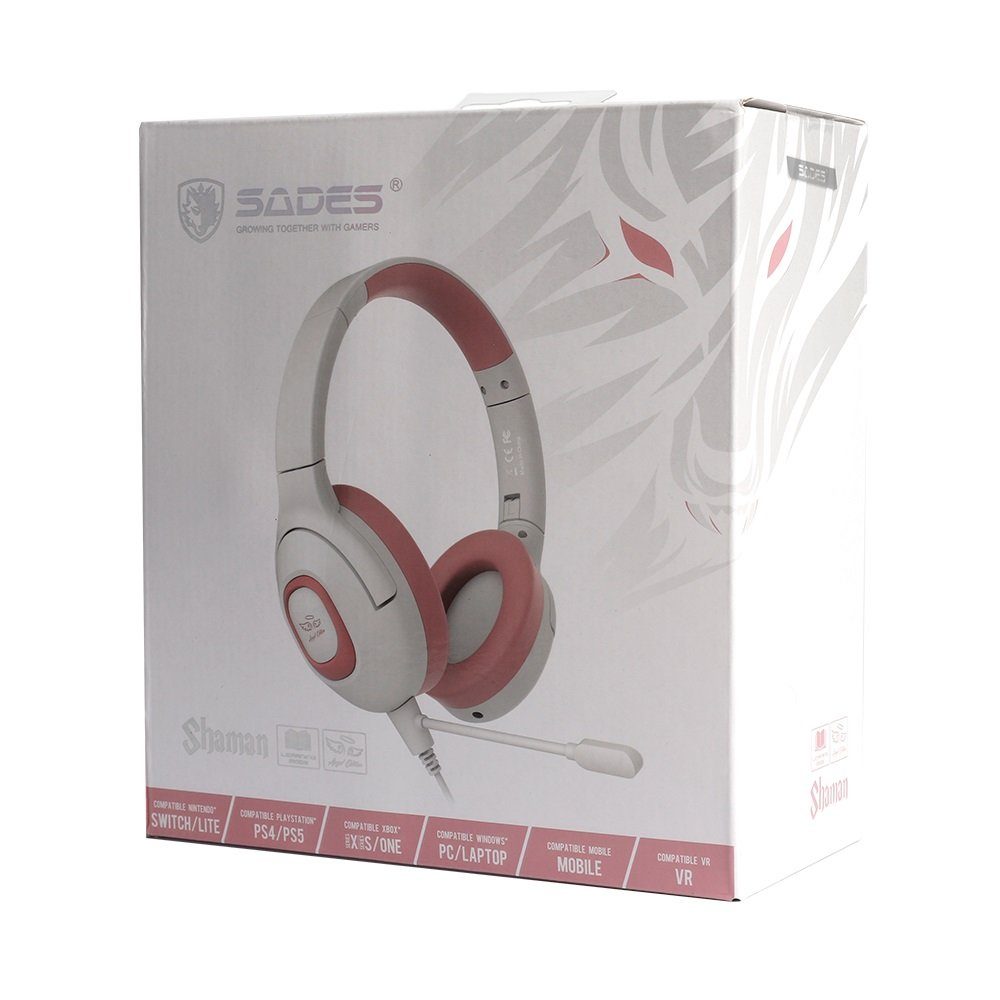 Sades Gaming-headset Shaman SA-724 gaming headset, wit/roze, USB, bedraad Stereo, over-ear, PC, PST, Xbox, Nintendo Switch, VR, Telefoon