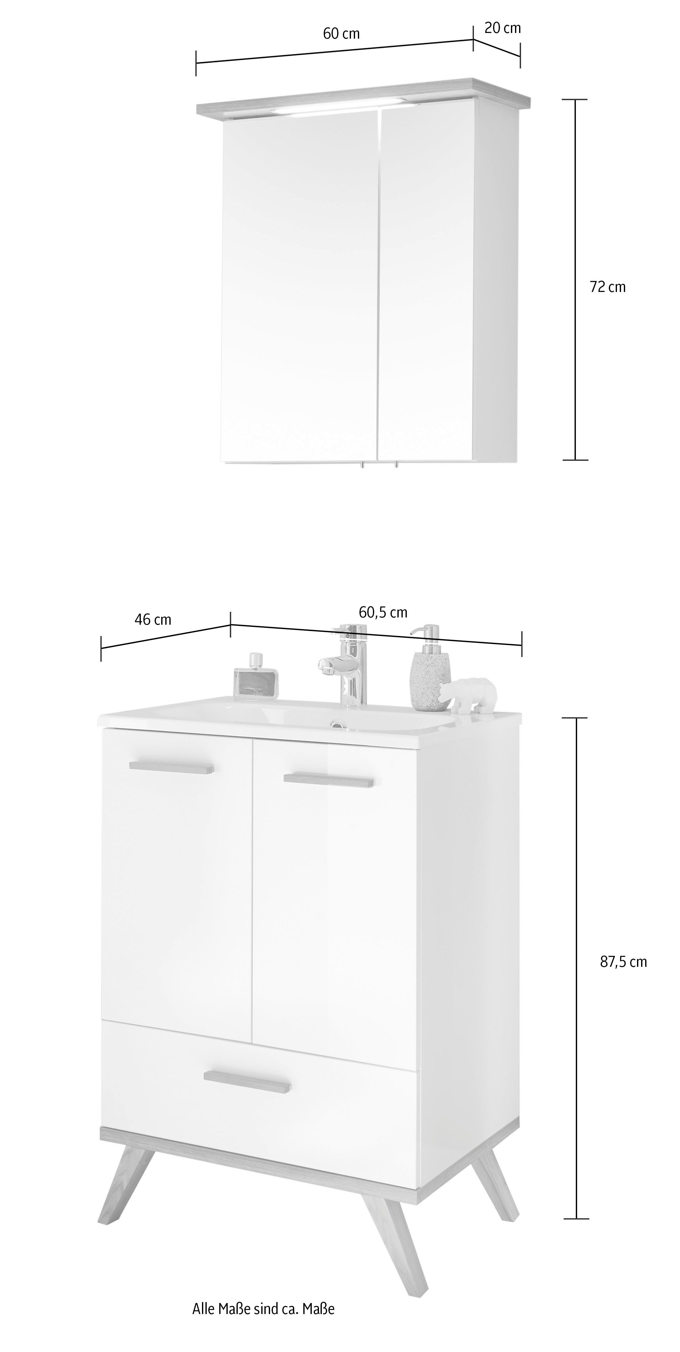 Saphir Badkamerserie Quickset 2-delig, mineraalmarmeren wastafel en LED-spiegelkast Wastafelmeubel 61 cm breed, 4 deuren, 1 lade, 2 planken, badkameraccessoireset (2-delig)