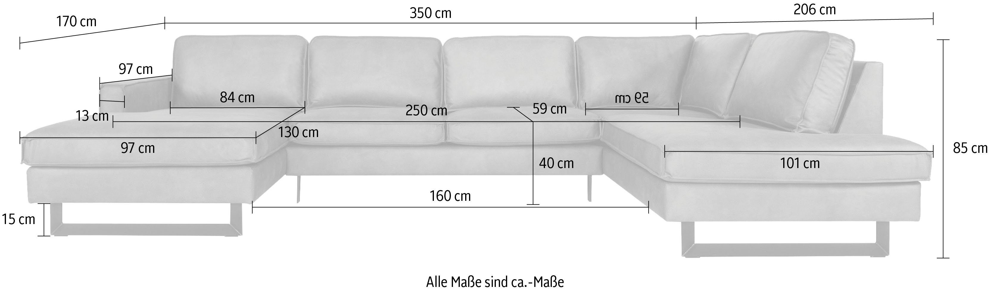 Places of Style Zithoek Pinto, 350 cm, U-vorm, XXL, met ottomanen Cord, fijncord, luxe-microvezel leer en chenille
