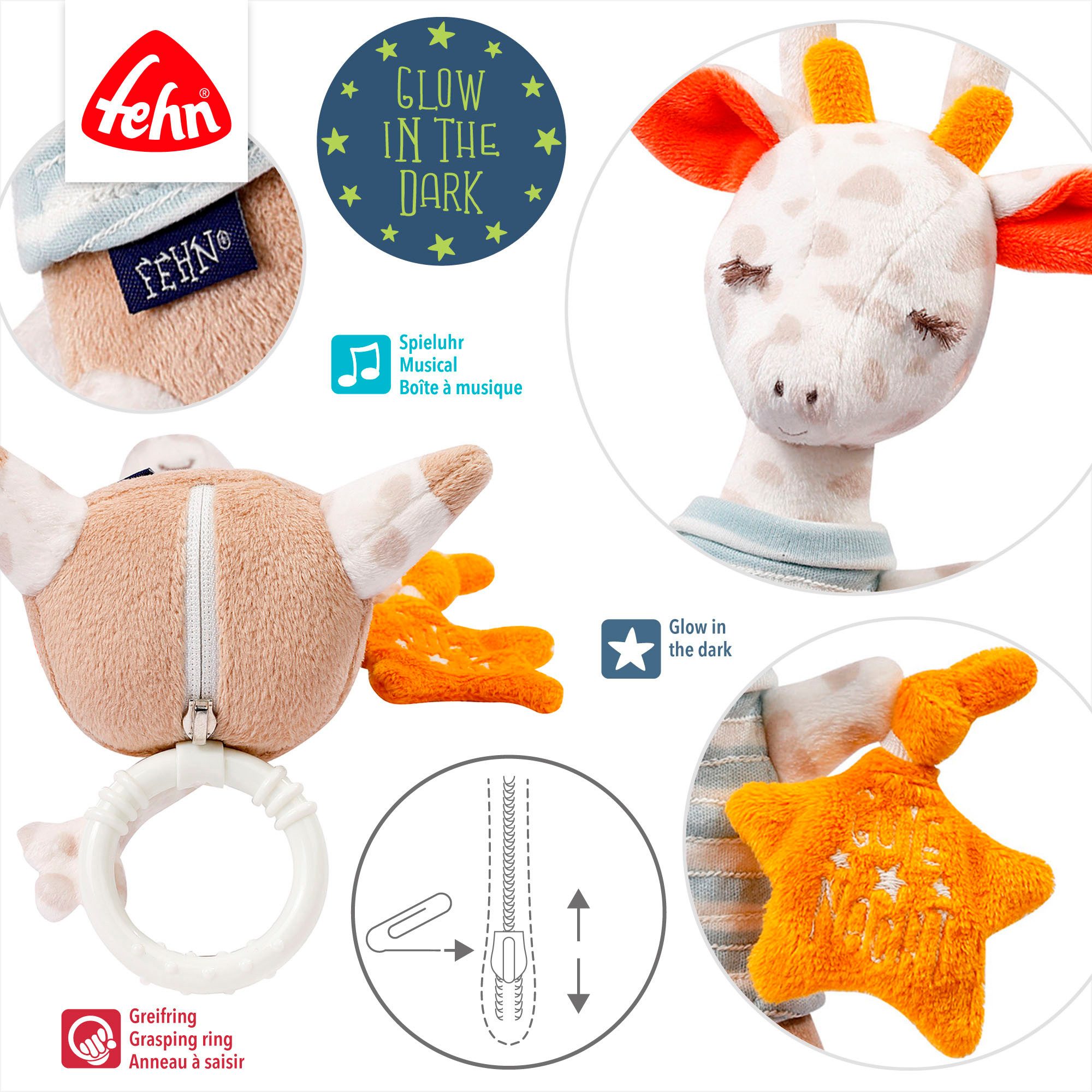 Fehn Speeldoosje Goede Nacht, giraffe met glow-in-the-dark-borduursel