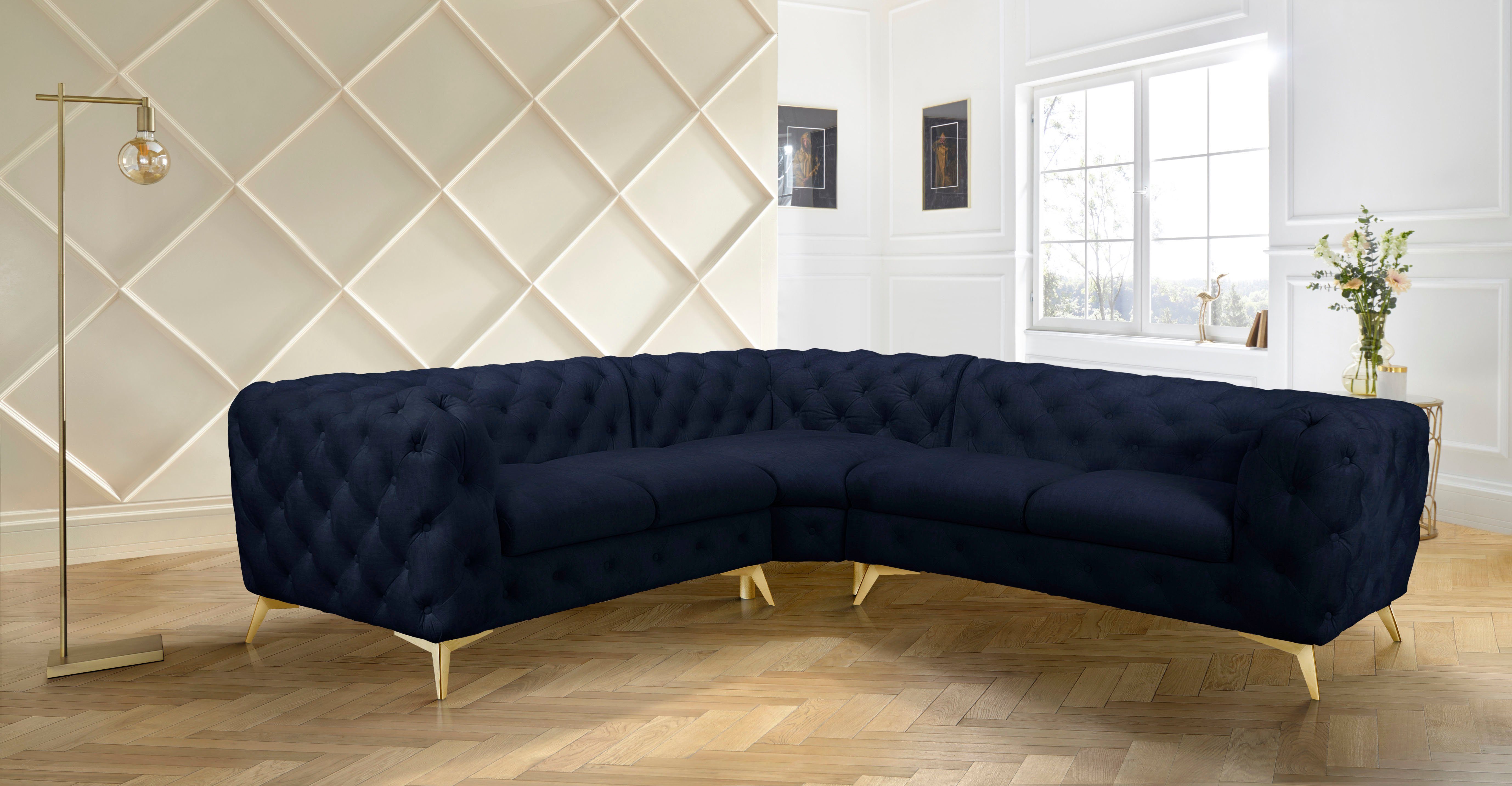 Leonique Chesterfield-bank Glynis L-vorm luxueuze capitonnage, moderne chesterfield look, kleur van de poten ter keuze