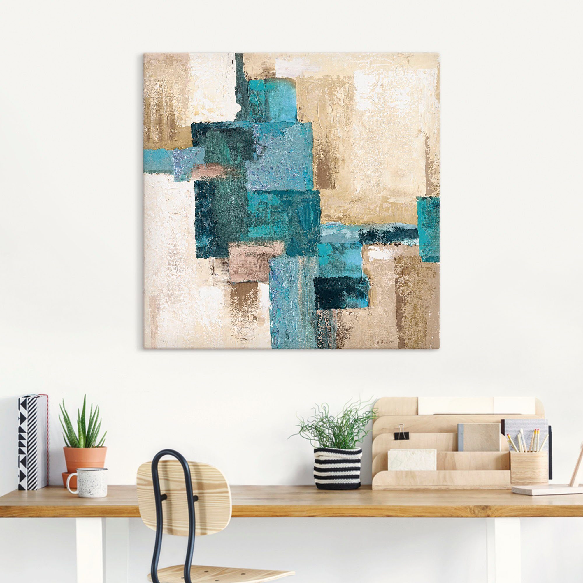 Artland Artprint Abstracte ruiten beige-turquoise als artprint van aluminium, artprint voor buiten, artprint op linnen, poster in verschillende maten. maten
