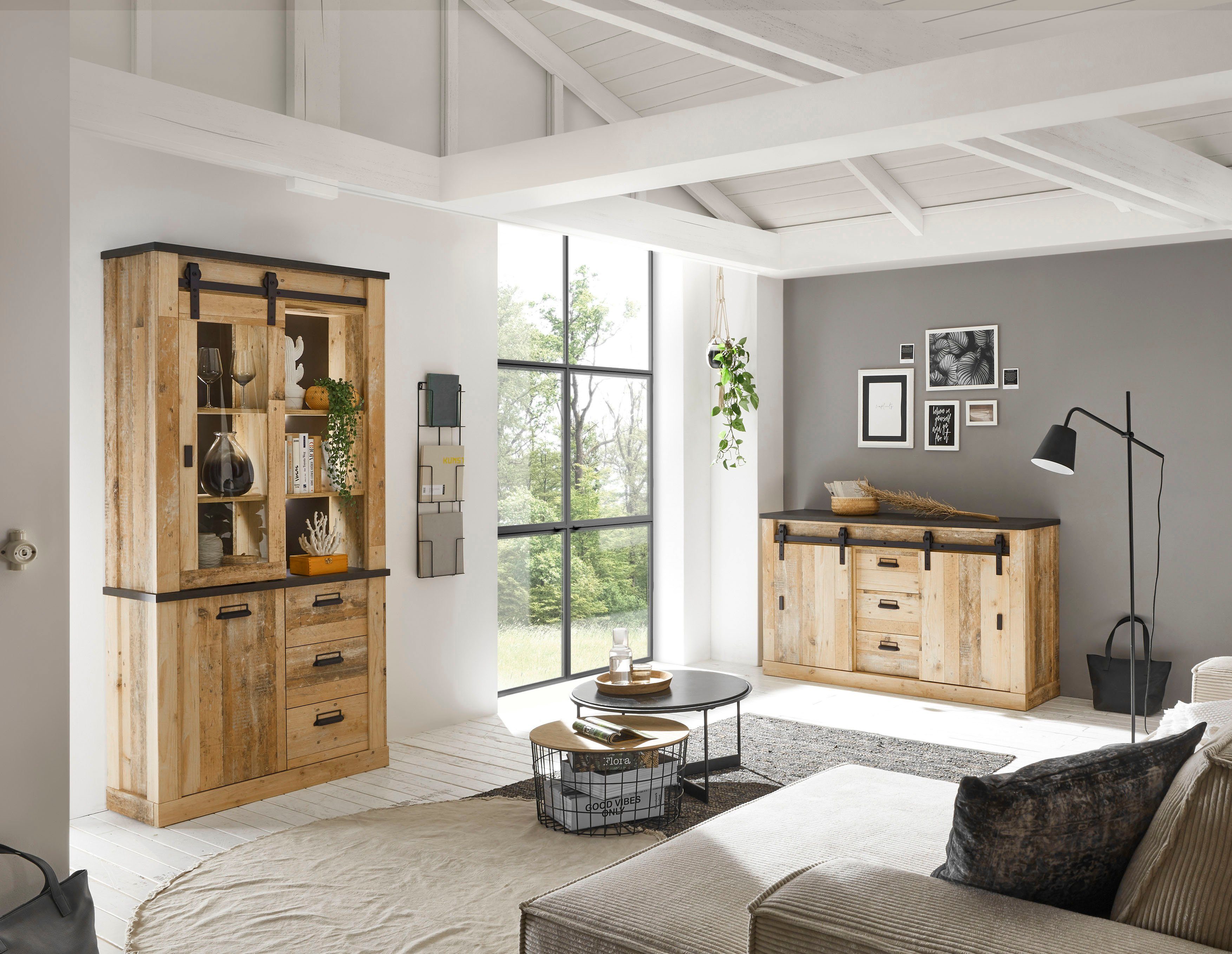 Home affaire Wandmeubel Sherwood Schuurdeurbeslag en apothekersgrepen van metaal, hoogte 201 cm (2-delig)