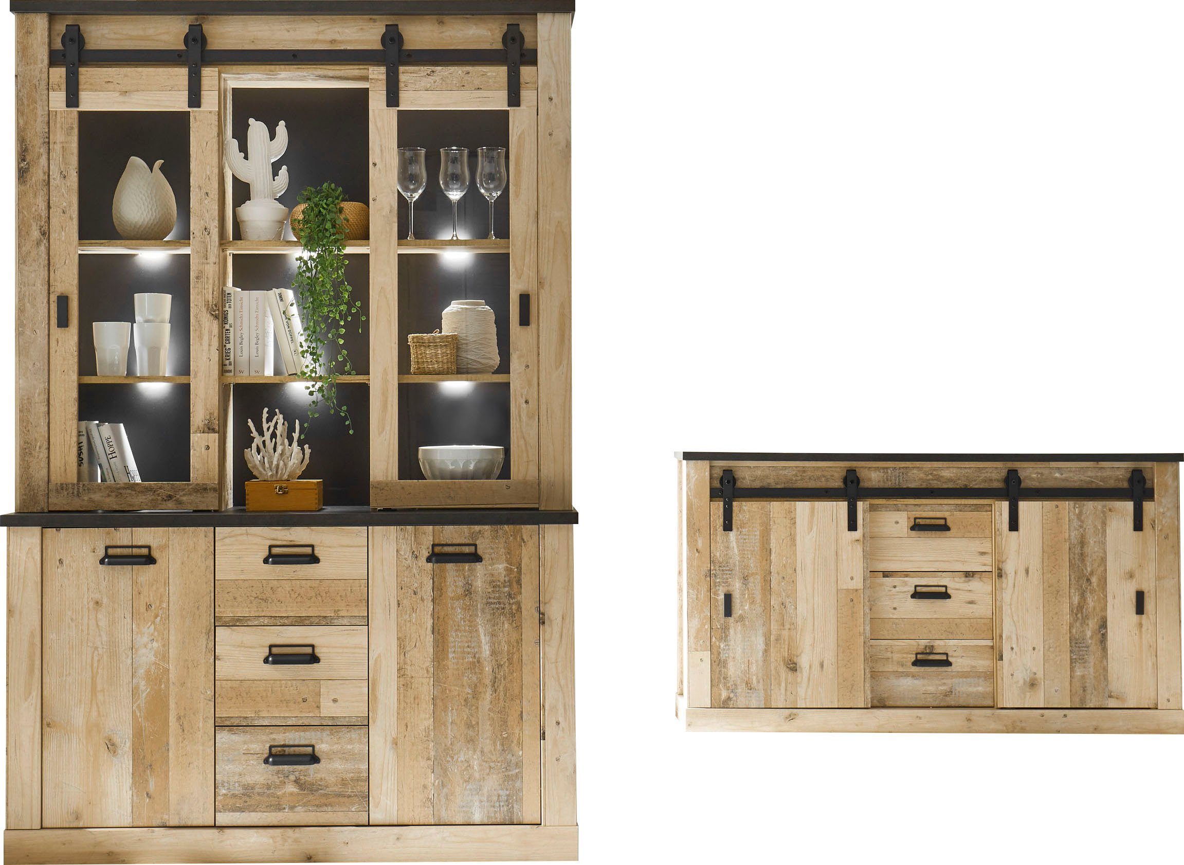 Home affaire Wandmeubel Sherwood Schuurdeurbeslag en apothekersgrepen van metaal, hoogte 201 cm (2-delig)
