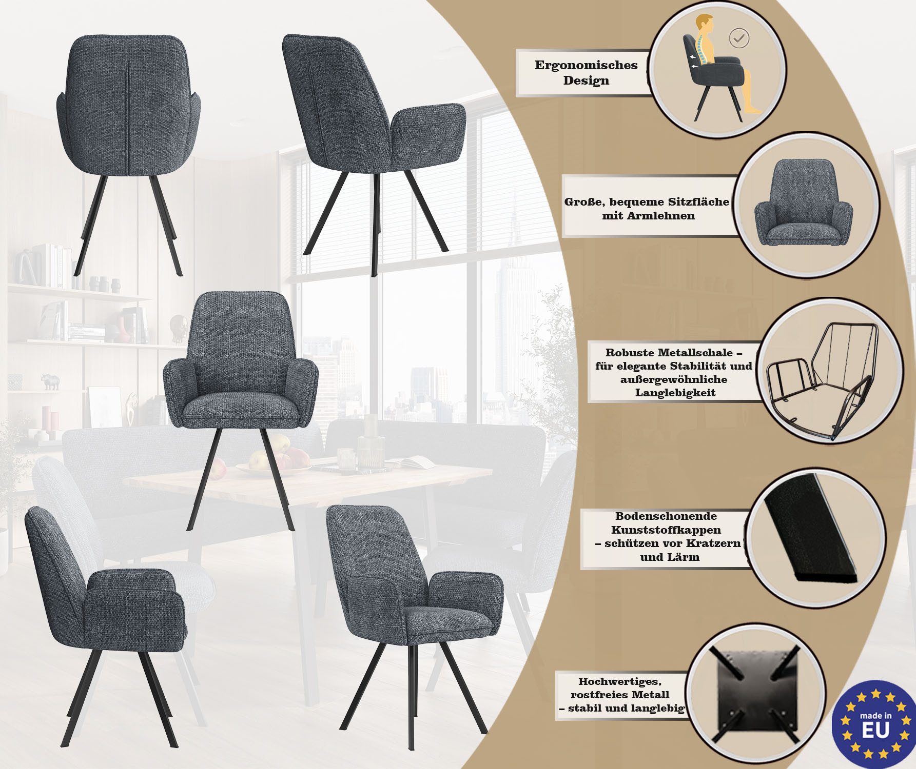 Home affaire Stoel met armleuningen Mily eetkamerstoel, gestoffeerde fauteuil, woonstoel, eetstoel met armleuningen (set, 2 stuks)
