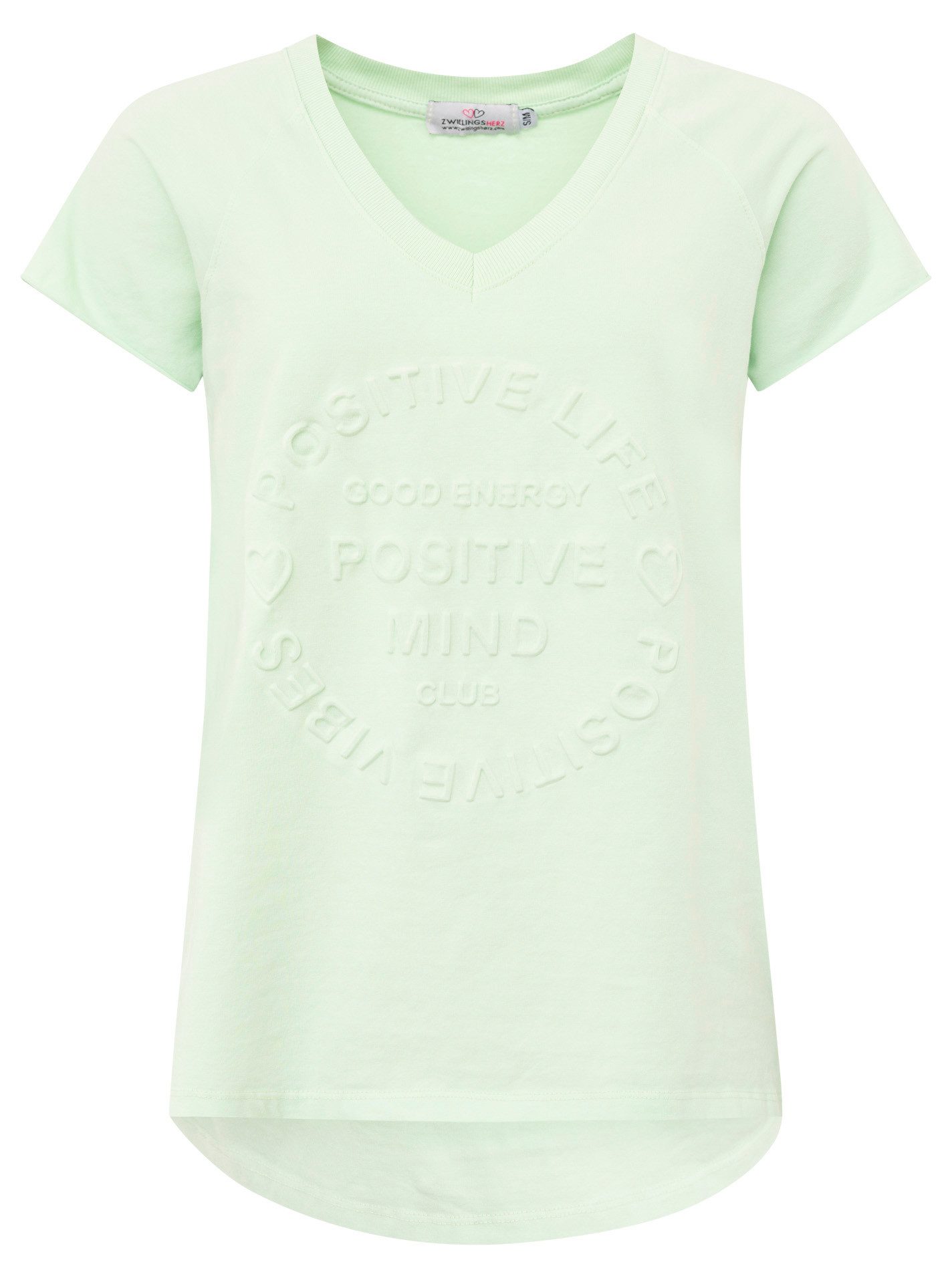 Zwillingsherz Shirt met korte mouwen "Positive Mind" met v-halslijn en stempeldruk, licht oversized gesneden