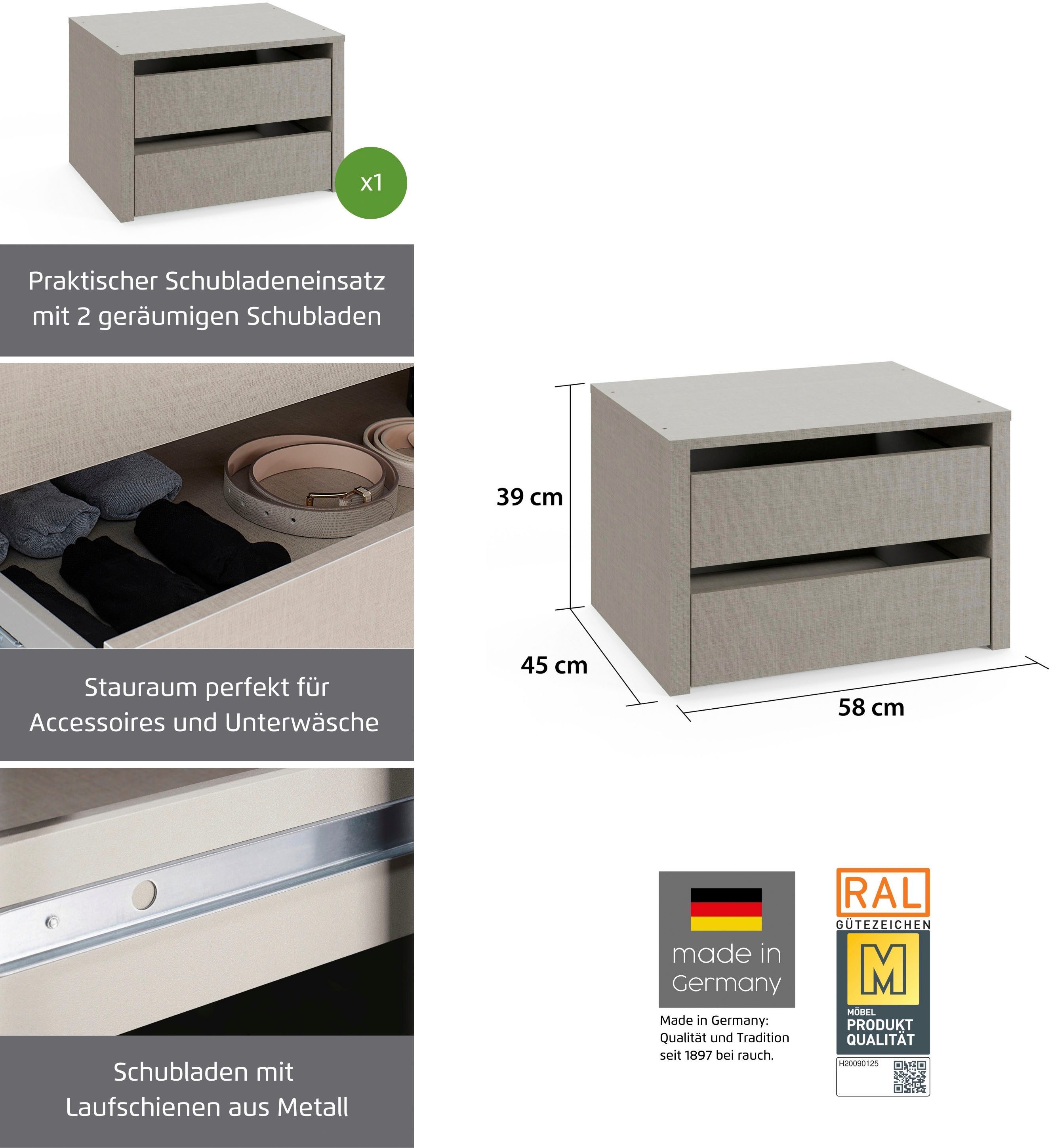Lade-inzet Paully Breedte 58 cm diepte 45 cm voor schuifdeurkasten serie "Paully"