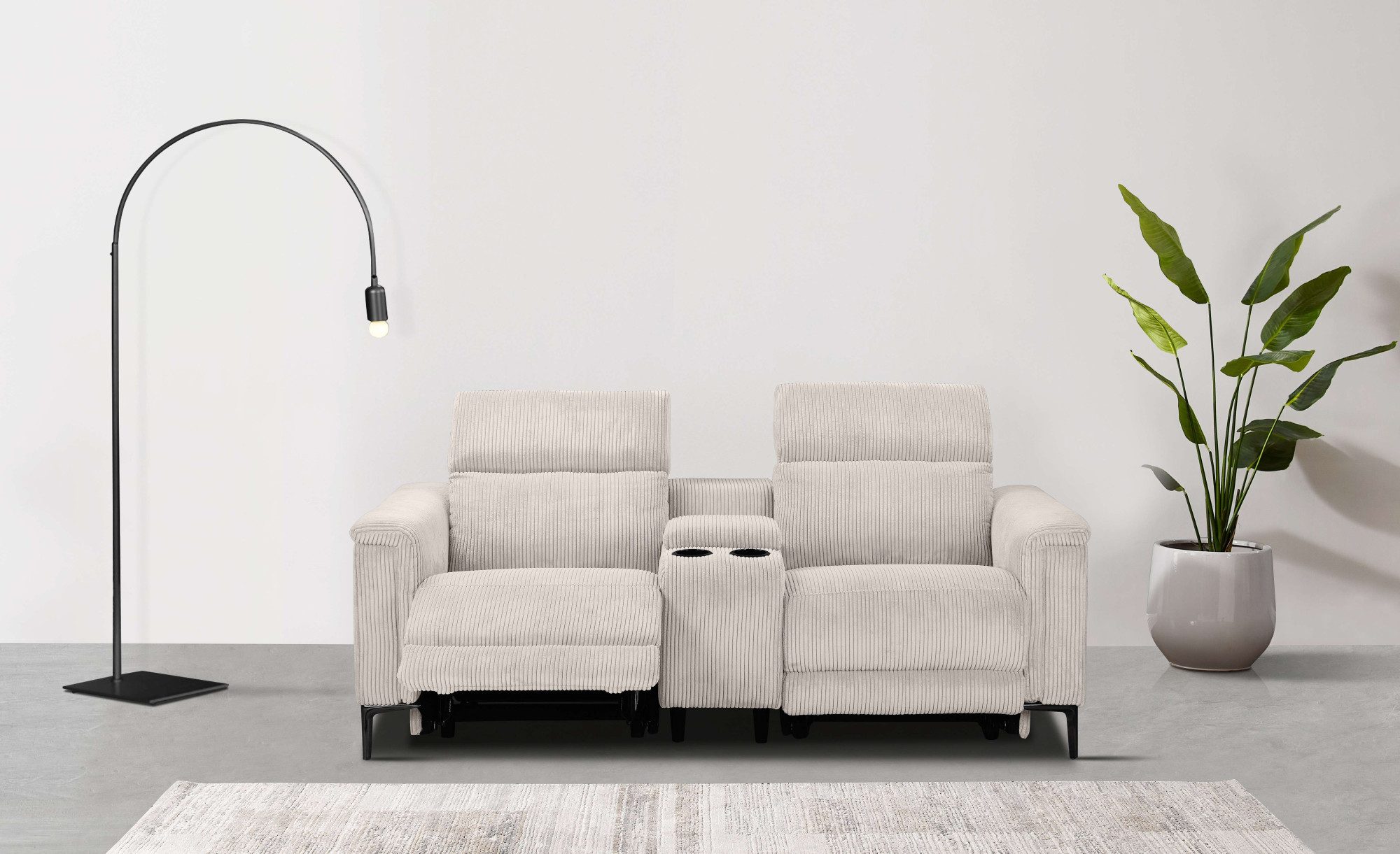 Places of Style 2-zitsbank Lund in cord, 2-zits bioscoopbank, tv-fauteuil, multimedia-sofa, USB-A met elektrische of handmatige relaxfunctie, bekerhouder en opbergruimte