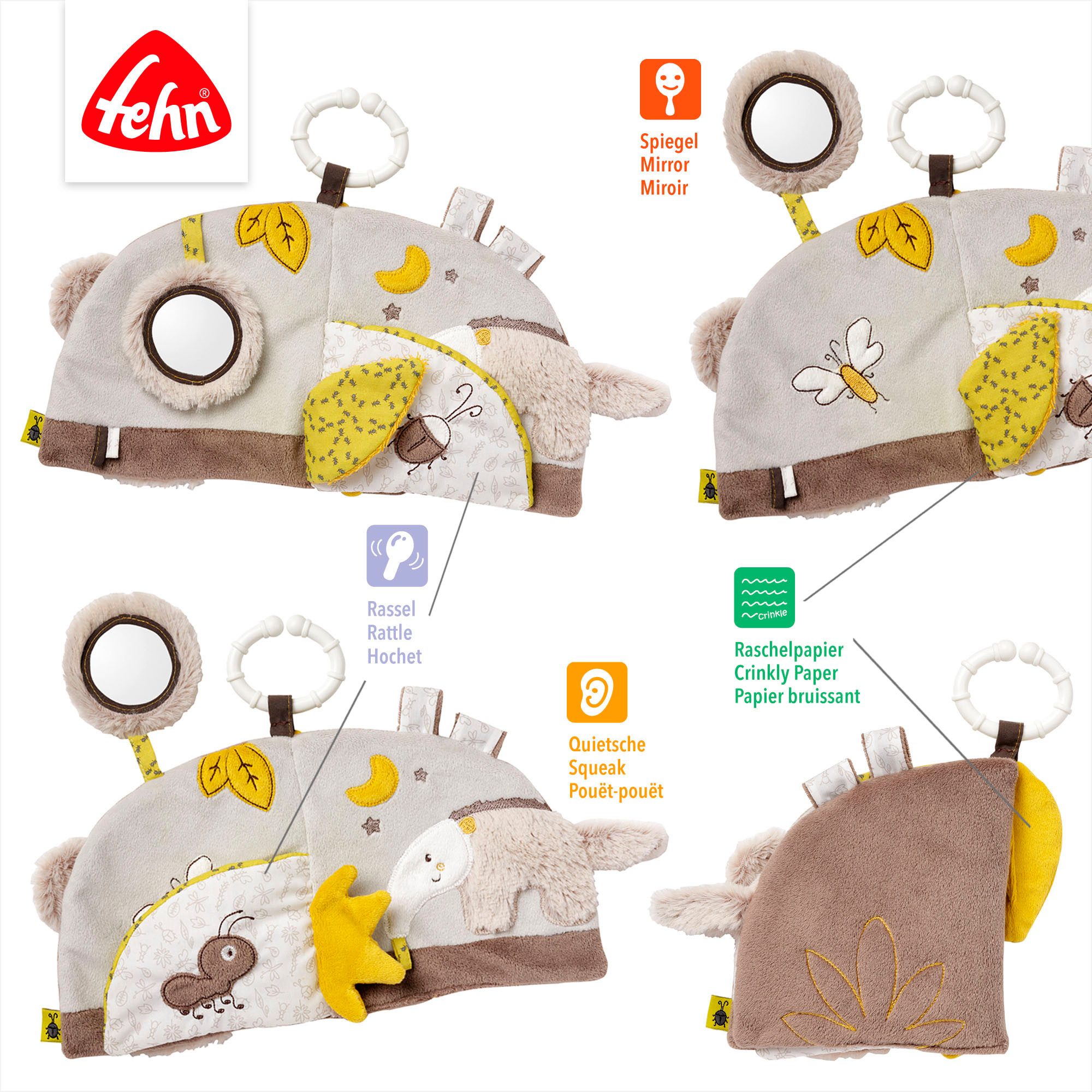 Fehn Grijpspeeltje Australië, stoffenboek met ring ter bevestiging aan kinderwagen, babyzitje of bed