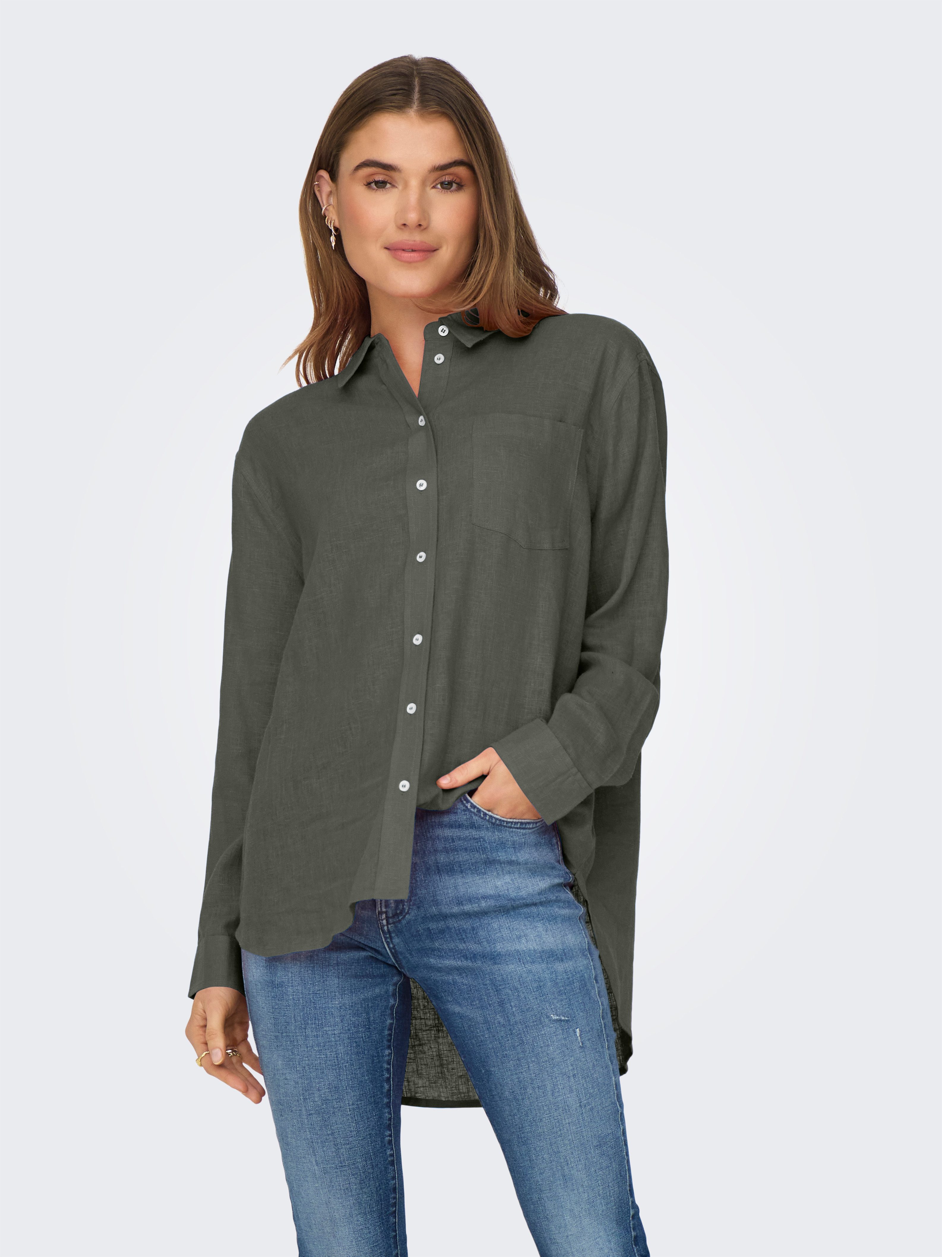 Only Lange blouse ONLTOKYO L/S LINEN BLEND SHIRT dames lange blouses maat XS (34) grijs