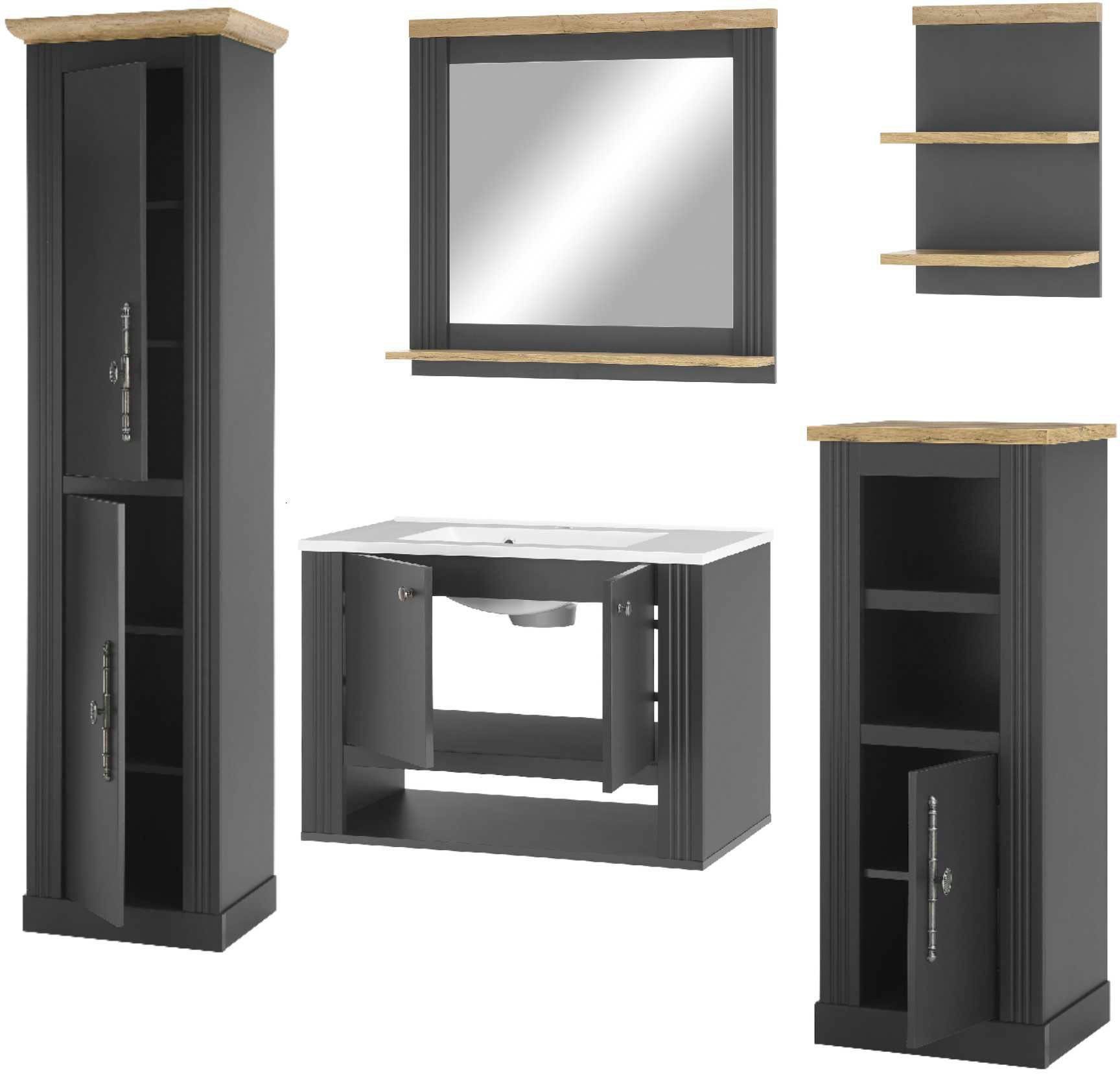 Home affaire Badkamerserie WESTMINSTER, badkamer in landhuisstijl, 5-delig badkamer Wand-wastafel, spiegel, middenschrank, plank, hoge kast, 220 cm (5-delig)