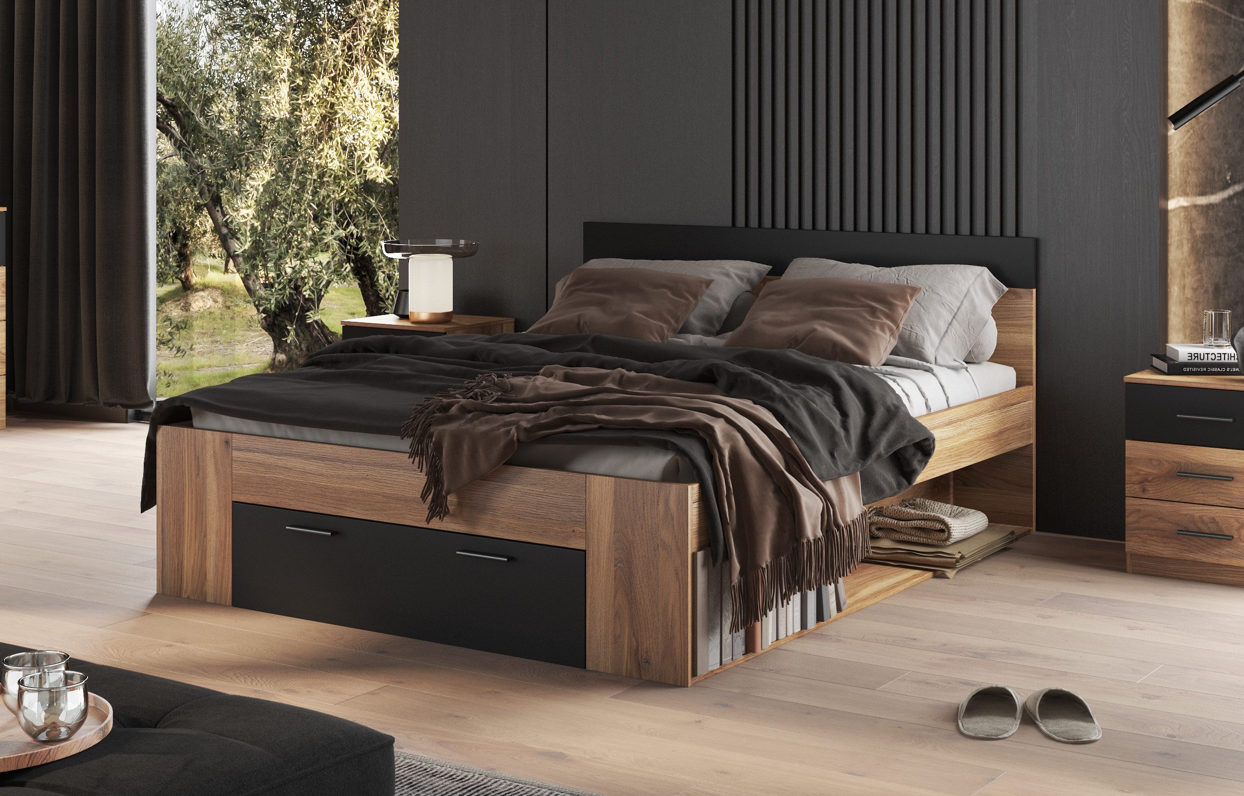 INOSIGN Bedframe Faweza, Breedte 160 of 180 cm, Opbergbank Functiebureau lade met extra veel opbergruimte