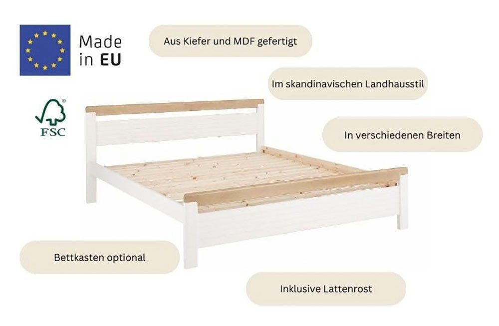 Home affaire Massief houten ledikant "CAPRE" in Scandinavische landhuisstijl in verschillende breedtes verkrijgbaar, gecertificeerd massief hout, latten look