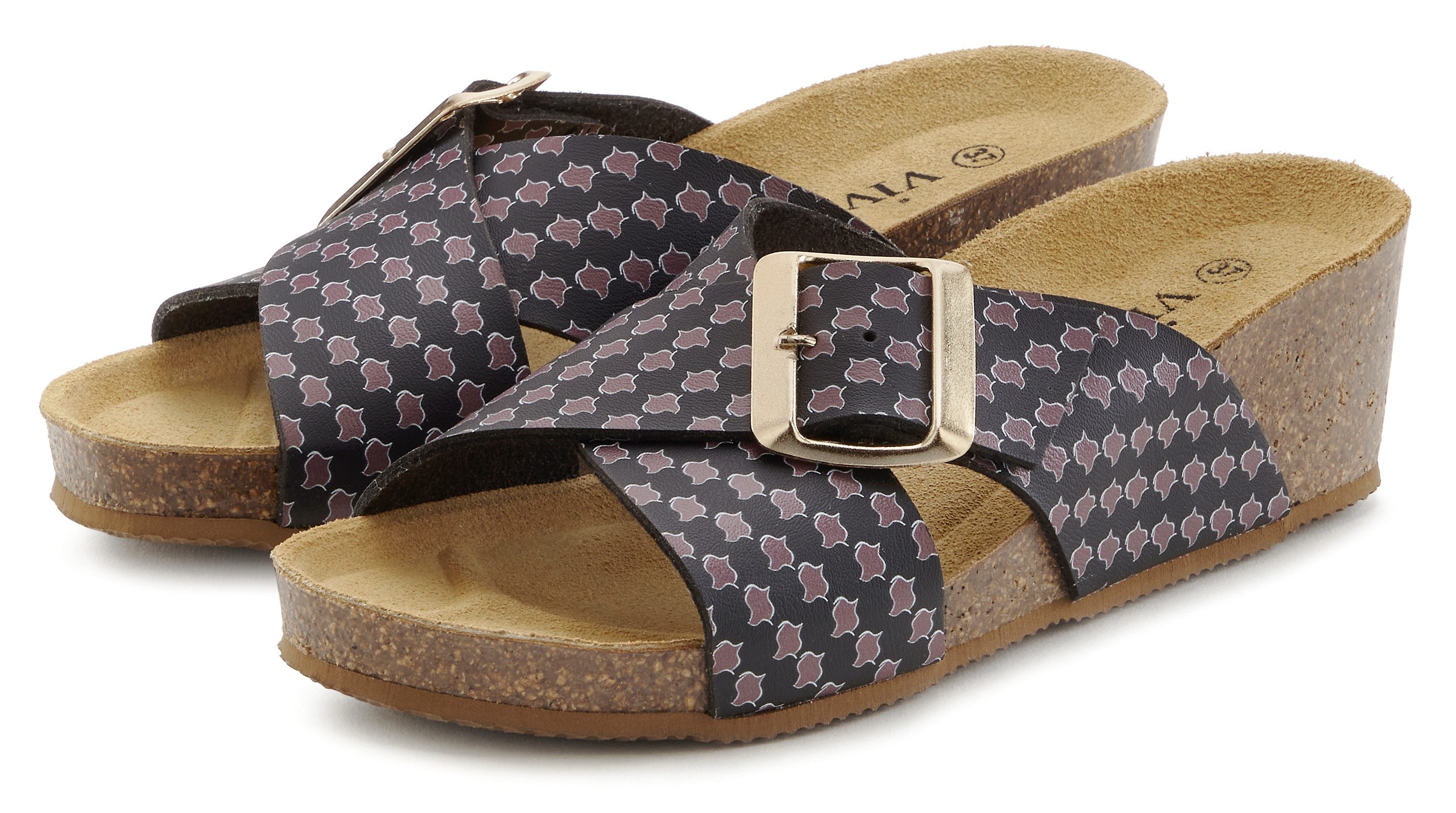 Vivance Slippers Sandaal, mule, open schoen met comfortkurk voetbed van leer, sleehak en print dames sandaaltjes maat 40 zwart