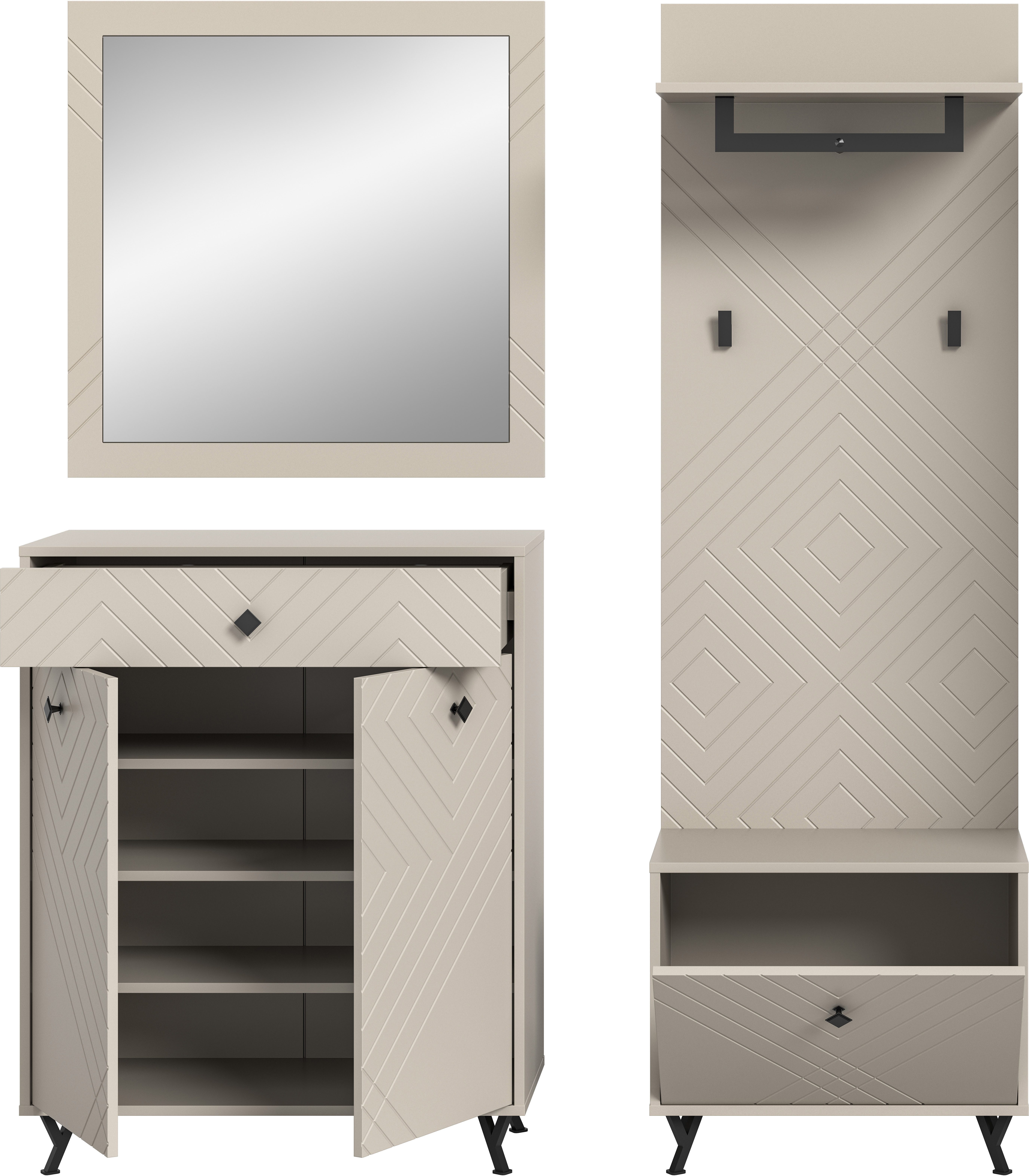 INOSIGN Halmeubelset Mento, 4-delig, ornamentfrezing in de front, bestaande uit: Commode, spiegel, zitbank & garderobenpaneel, metalen handgrepen & voeten (set, 4-delig)