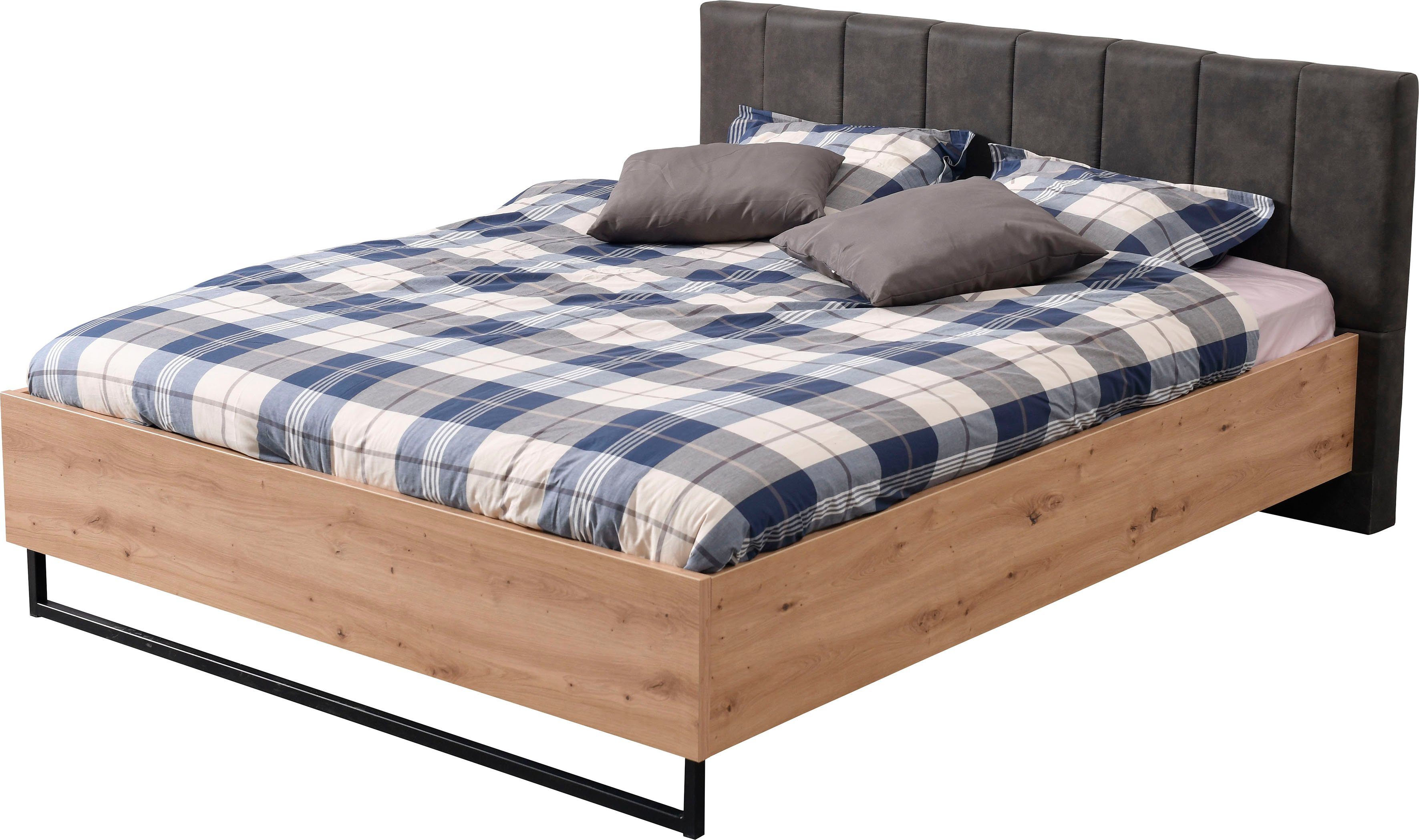 INOSIGN Bedframe Sardinië, FSC-gecertificeerd houtmateriaal met gepolsterde hoofdeinde, metalen voet in schaatsvorm, 160 of 180x200 cm