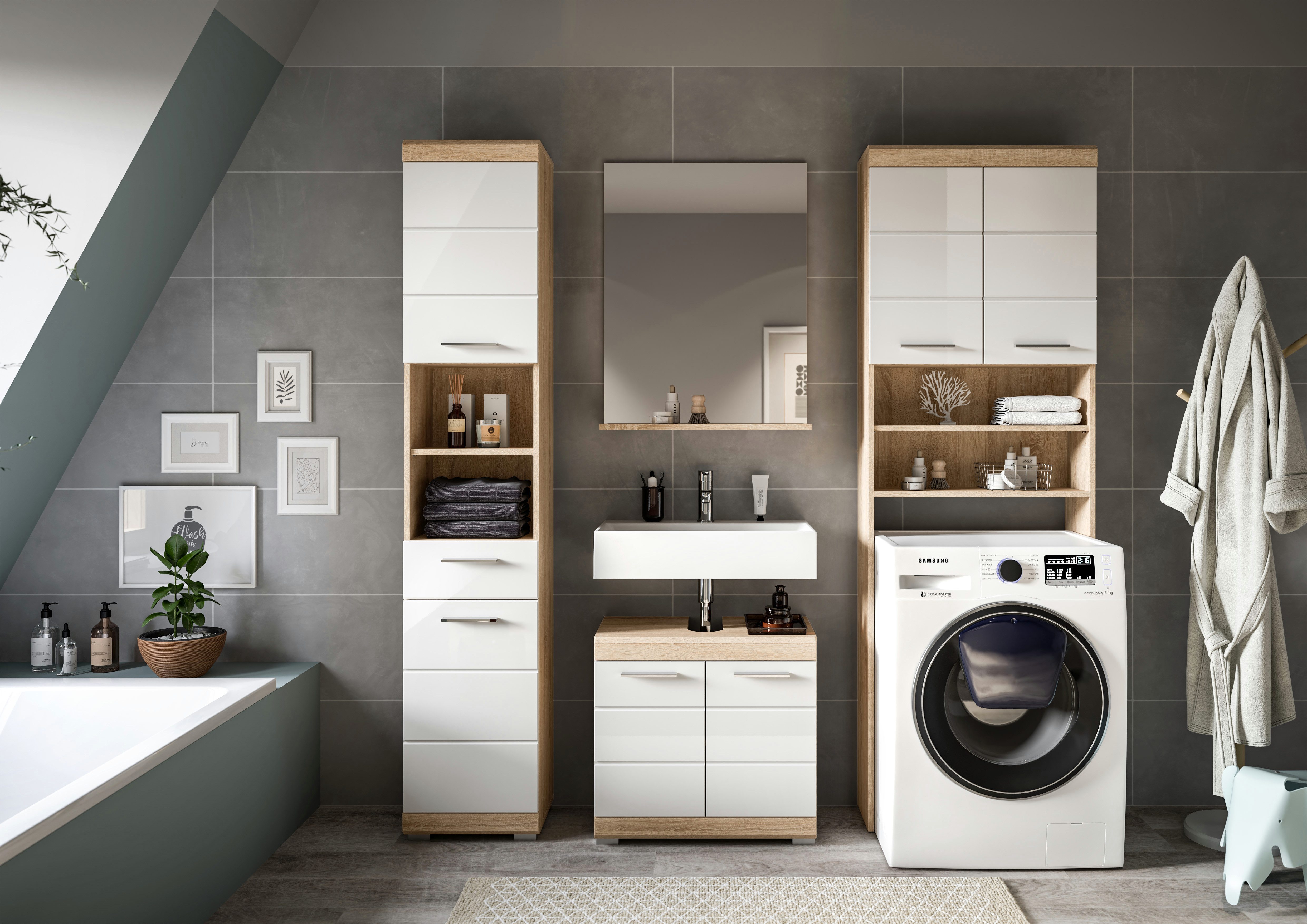 INOSIGN Badkamerserie Siena, 4-delig, bestaande uit: Hoge kast, WBU, badkamer spiegel, wasmachine ombouwkast (set, 4-delig)
