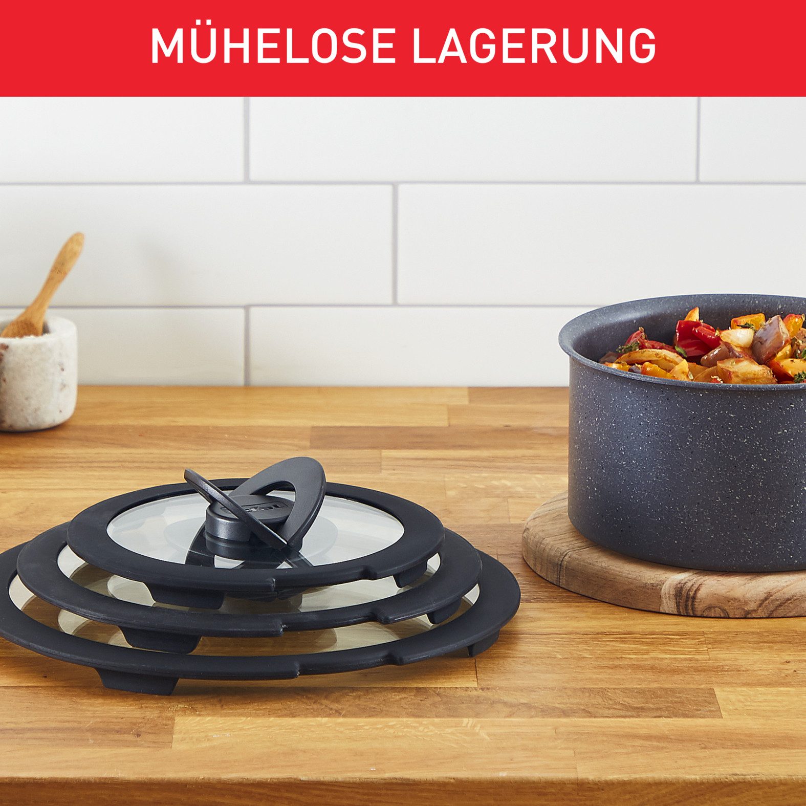 Tefal Deksel 98491 Ingenio 16/18/20 cm uitstekend voor ingenio-pannen, glazen deksel met siliconenrand, klapgrepen (set, 3-delig)