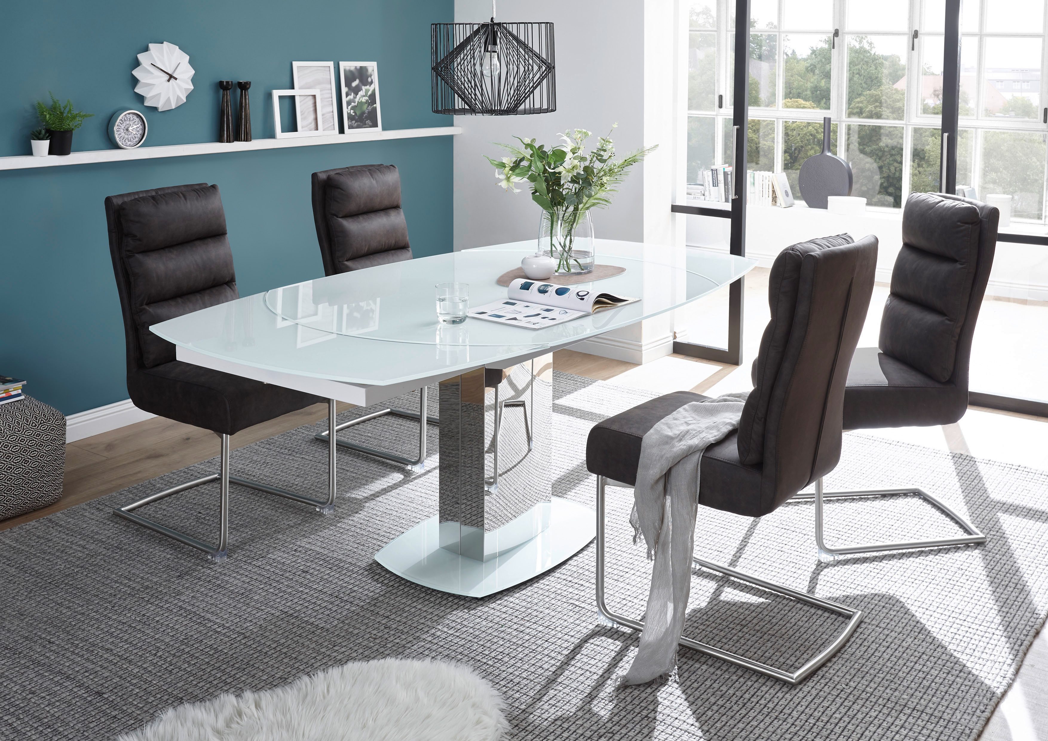 Stolkom Eettafel Jackson glazen tafel wit, uitschuifbare tafel, BxHxD 130-190x75x105 cm