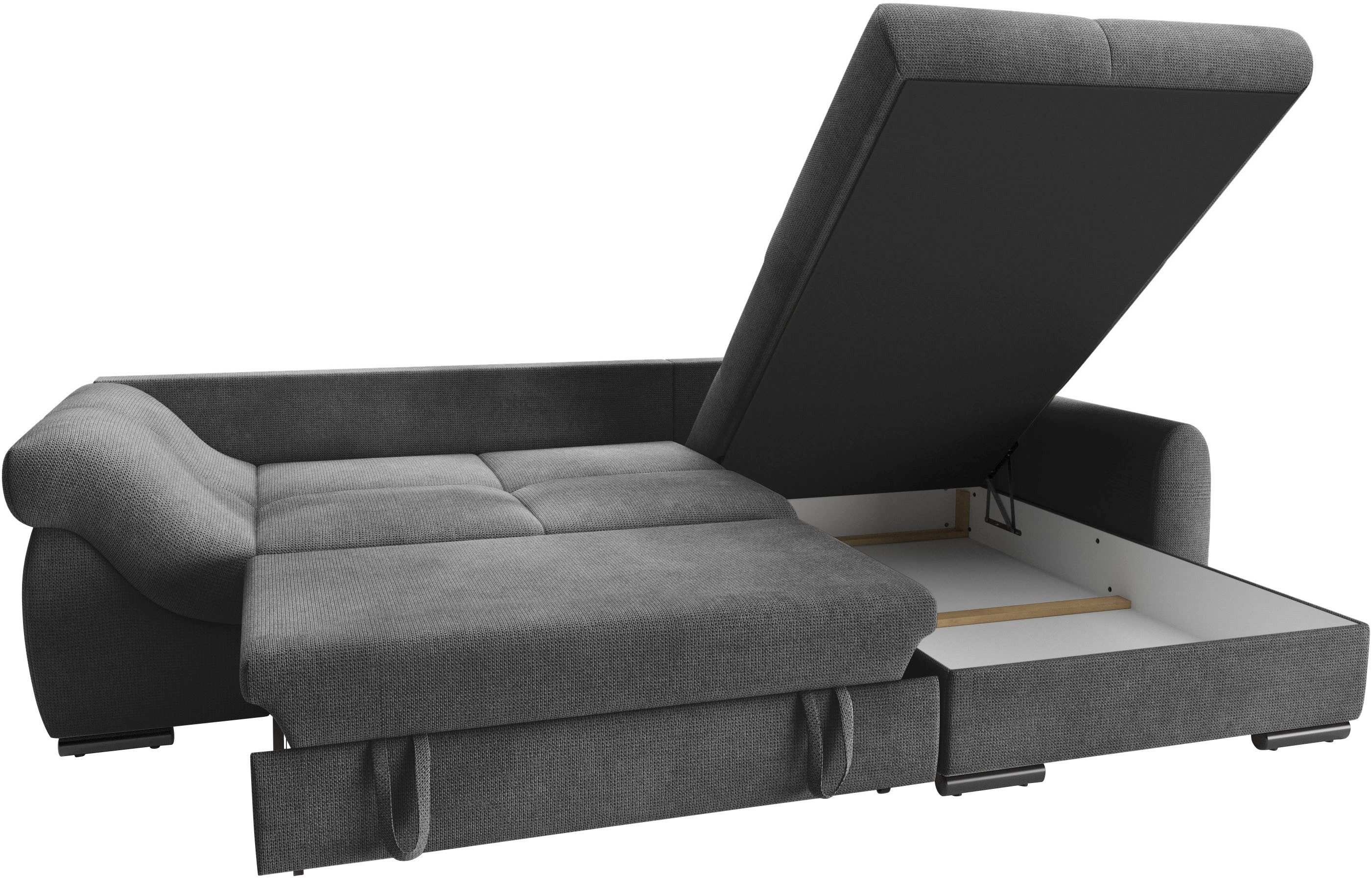 Mr. Couch Hoekbank Livorno L-vorm incl. hoogslaper beduitbreiding, xl bedbox wit gecoat