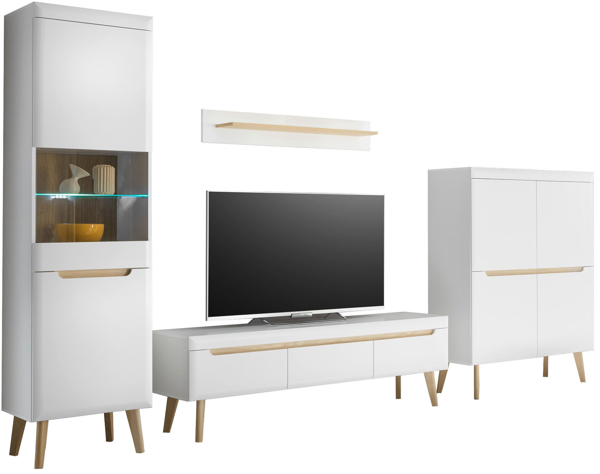 INOSIGN Wandmeubel Torge, wandmeubel, kastwand, mediawand, woonkamer-set bevat 1 vitrine, 1 lowboard, 1 highboard + 1 wandplank, 360 cm breed (set, 4-delig)
