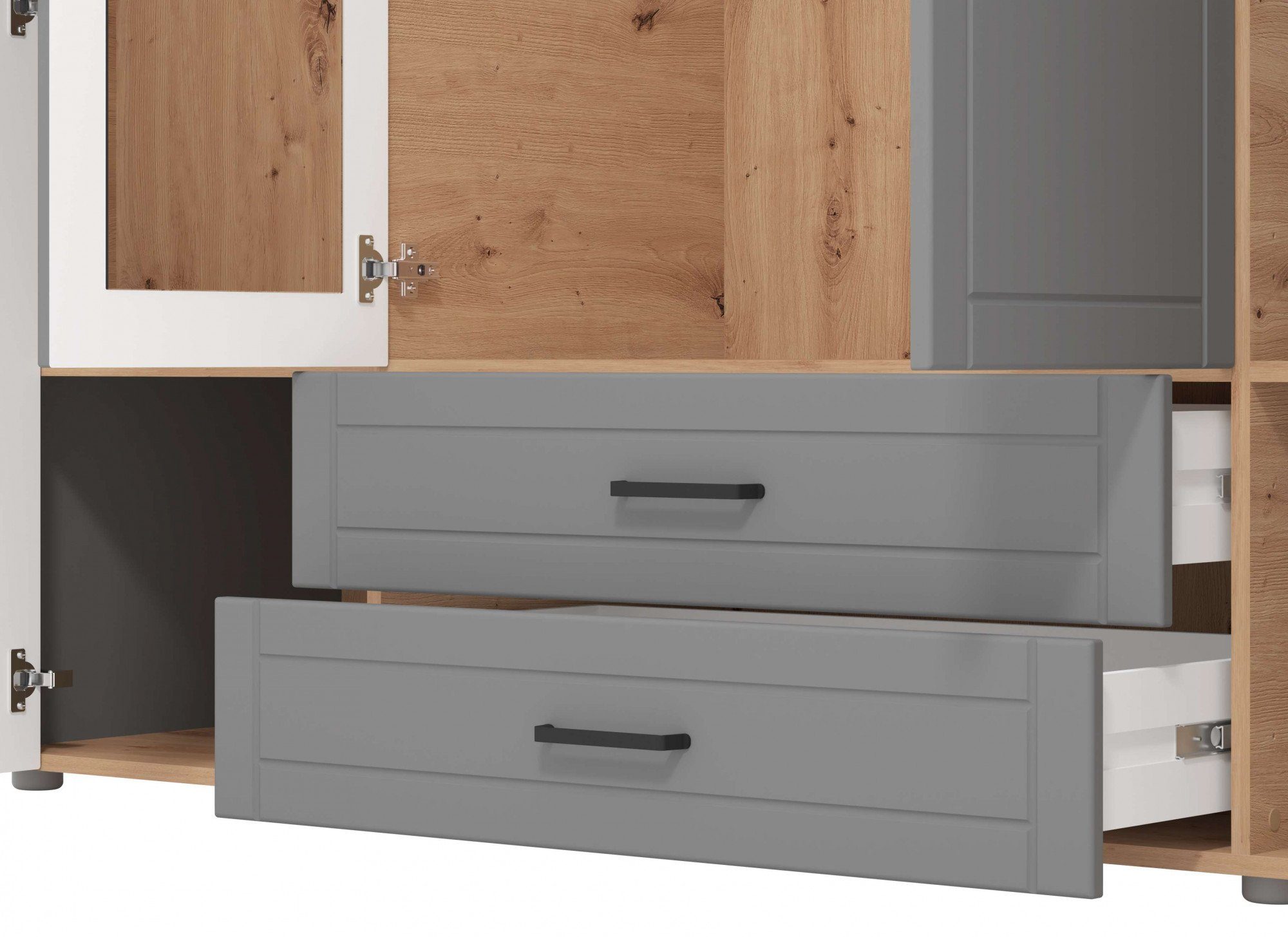 Home affaire Kledingkast Valencia, complete binneninrichting en 2 lades, 190 cm breed Slaapkamerkast met landhuis cassette-look en zwarte handgrepen