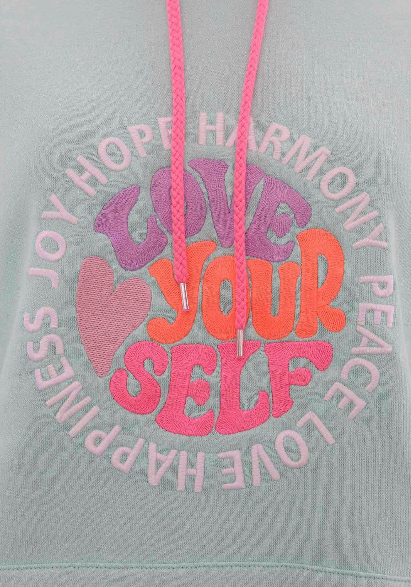 Zwillingsherz Sweatshirt in pastel met neonkleurige "love yourself" borduursel & roze koord