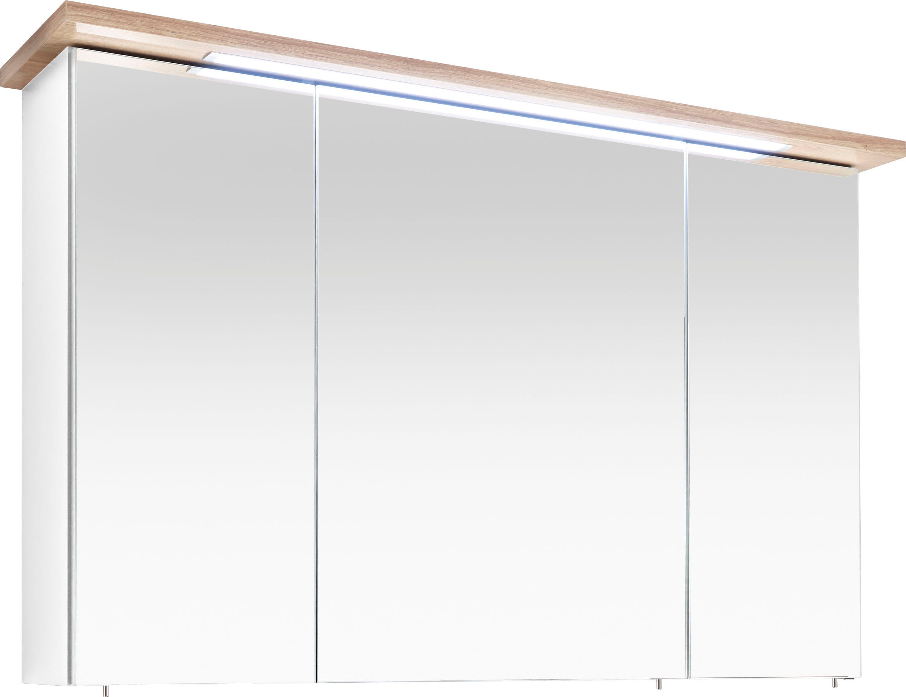 PELIPAL Spiegelkast Quickset 923 Breedte 115 cm, 3-deurs, verzonken ledverlichting, schakelaar/contactdoos, deurdemper