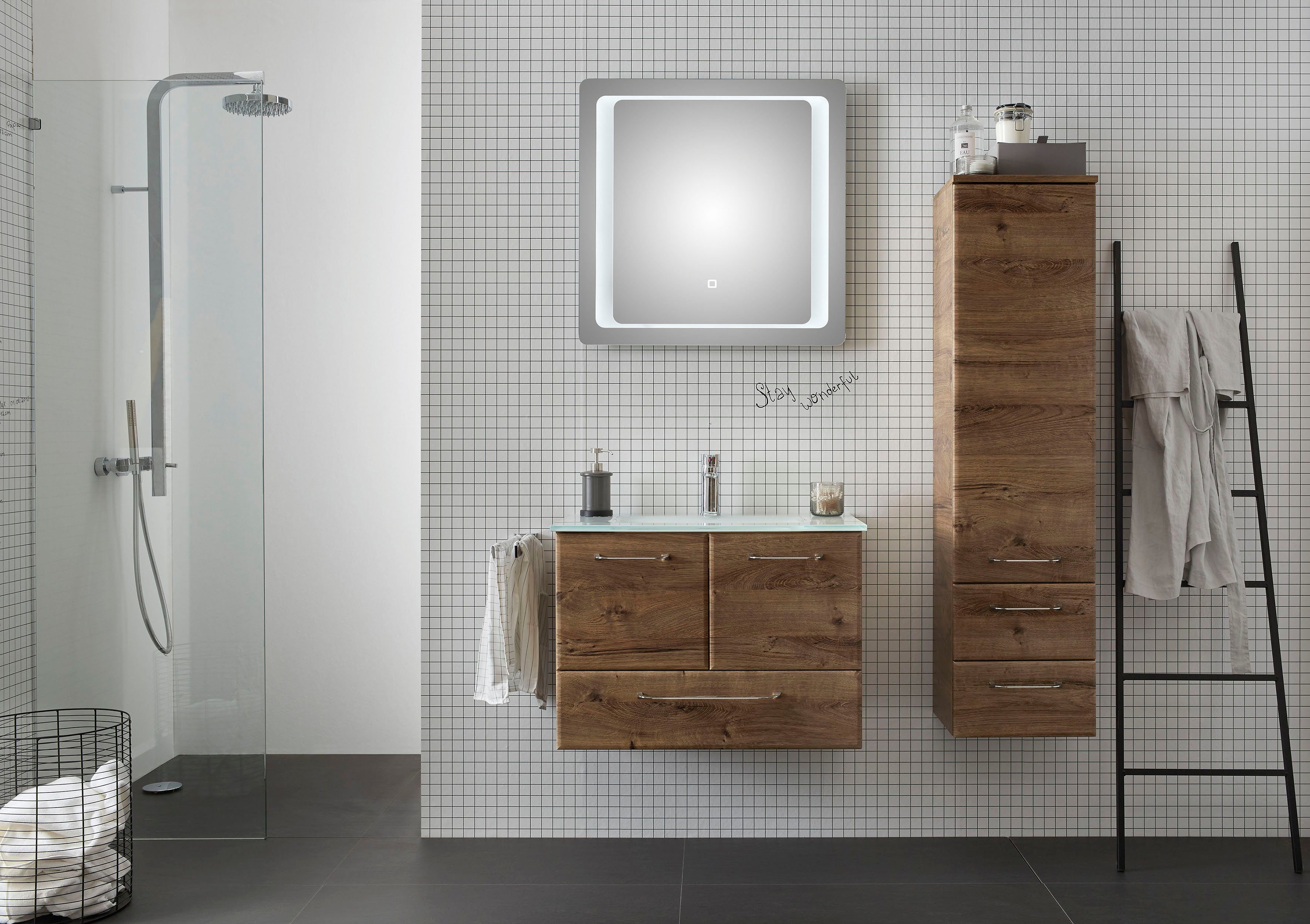 Saphir Halfhoge kast Quickset badkamermeubel 35 cm breed, 1 deur, 2 laden, 2 planken Badkamer-halfhoge kast inclusief deurdemper, grepen in glanzend chroom