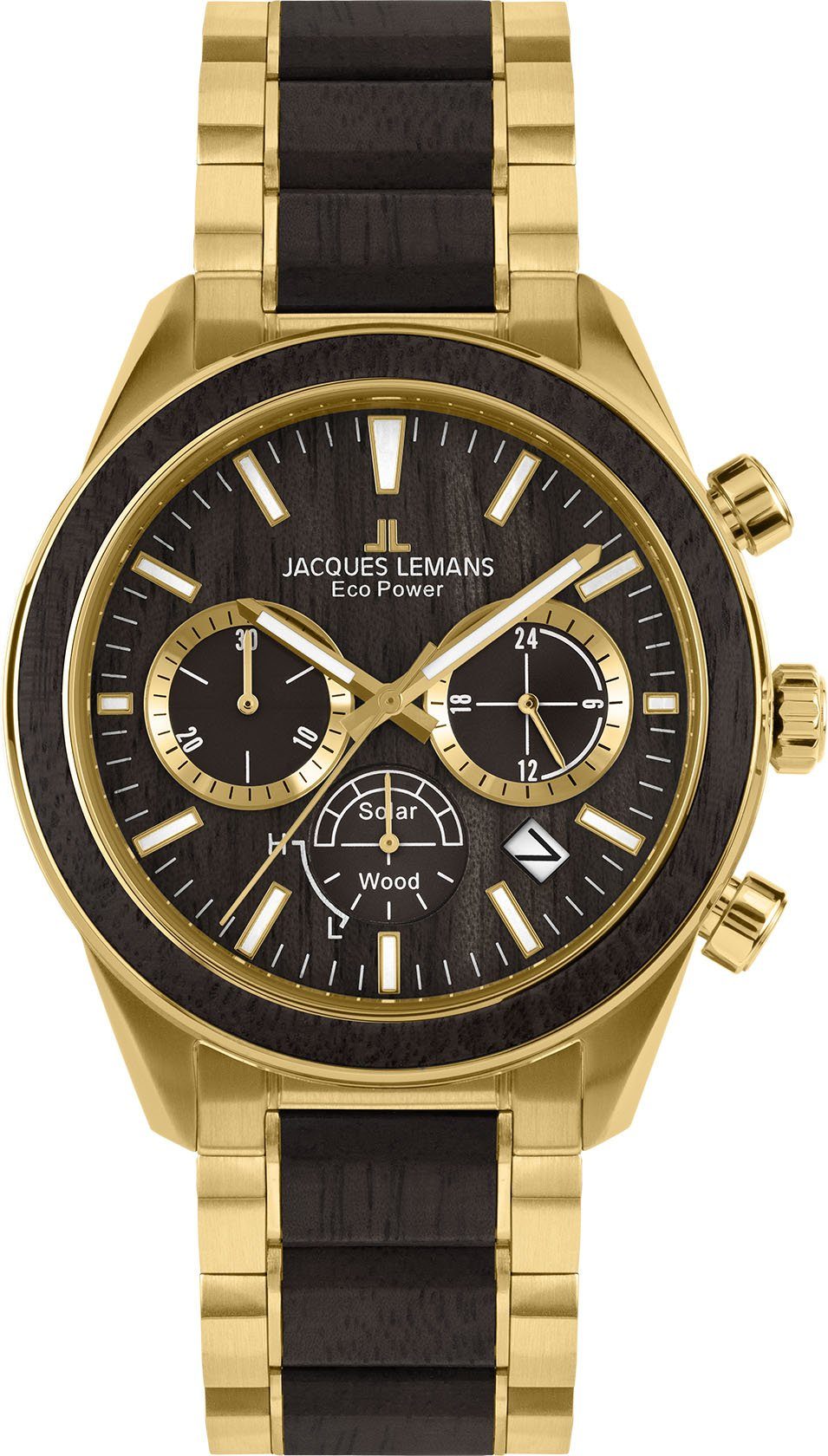 Jacques Lemans Solarhorloge Eco Power, 1-2115L Horloge, herenhorloge, datum, stopwatchfunctie, houten wijzerplaat