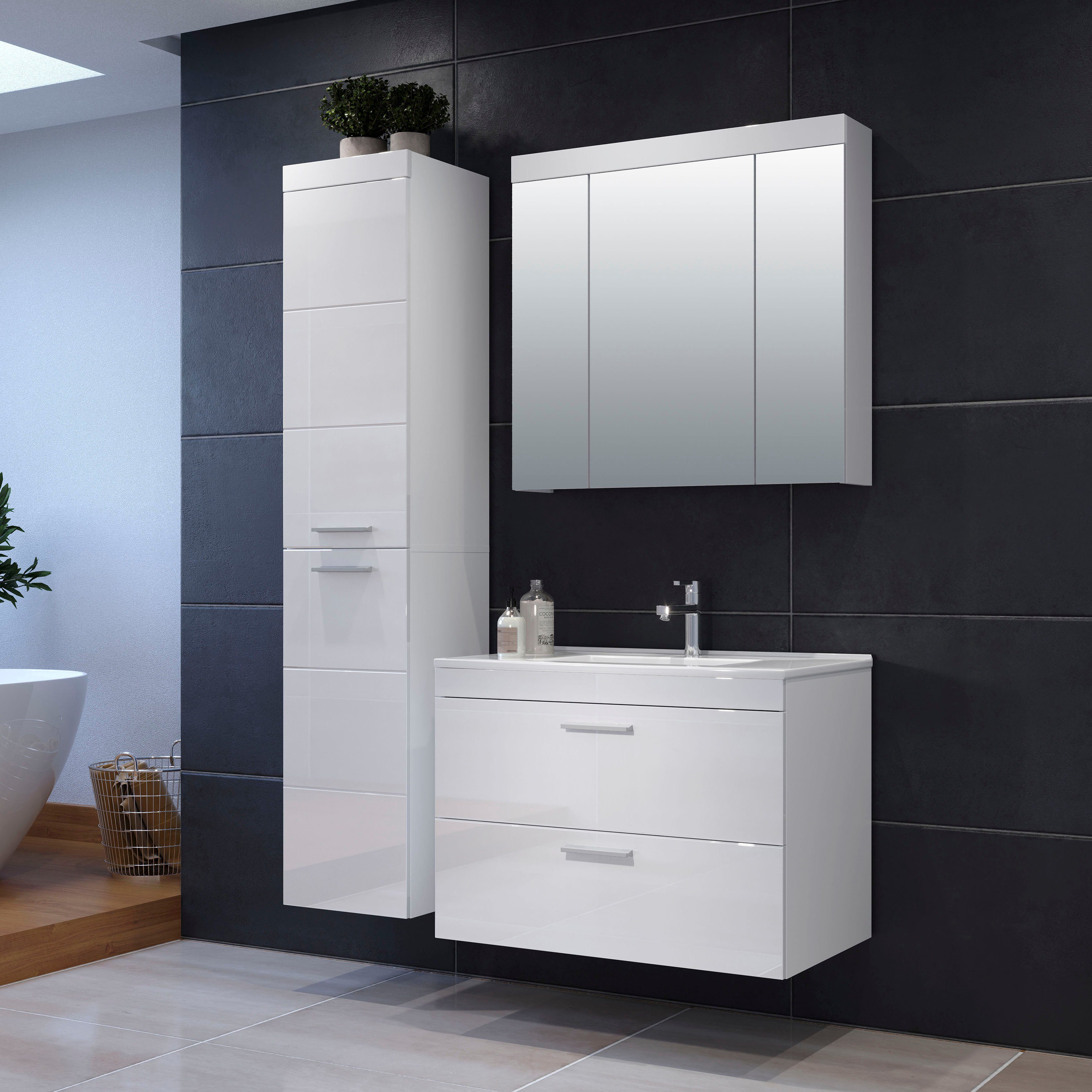 welltime Hangend kastje Dormoletto Hangende hoge kast in hoogglans wit met horizontale frezing