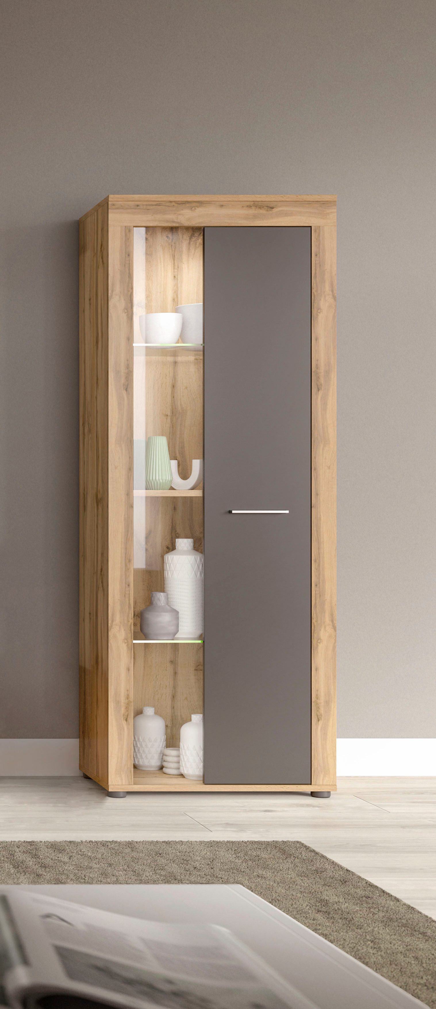 INOSIGN Vitrinekast Aosta, hoogte 159 cm, in verschillende kleuruitvoeringen 1 deur, 3 legplanken, 4 vakken, woonkamer, staande vitrine, glazen
