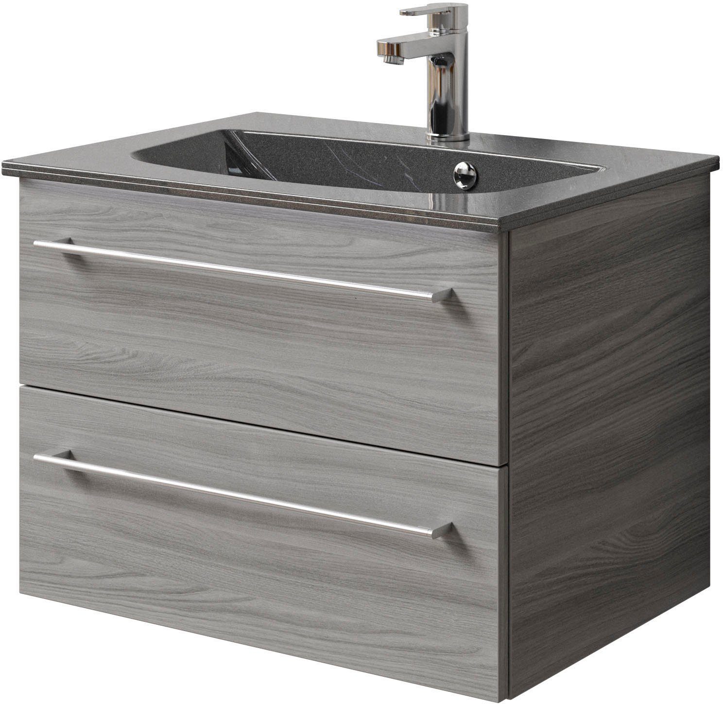 Saphir Wastafelonderkast Serie 6025 mineraalmarmeren wastafel met onderkast, 67 cm breed (2-delig) wastafelmeubels grijs