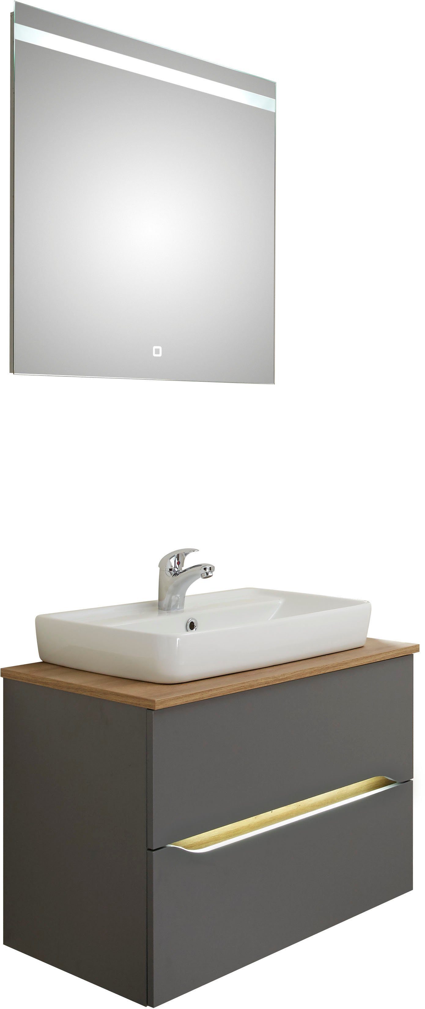 Saphir Badkamerserie Quickset 2-delig, keramieken opzetwasbak met led-spiegel Wastafelmeubel 73 cm breed, inclusief deurdemper, 2 laden (5-delig)